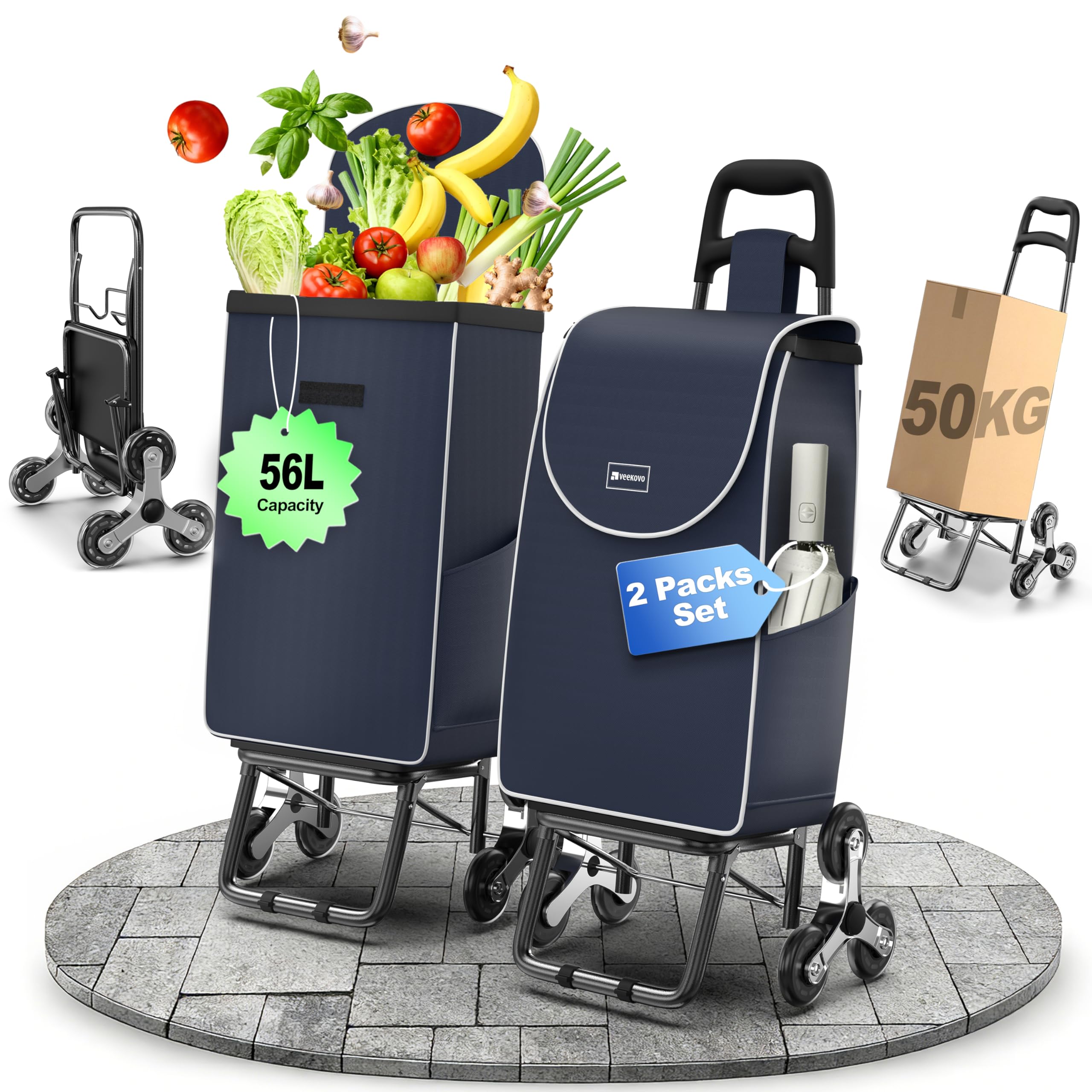 Veekovo Blue Shopping Trolley For Groceries,Lightweight Foldable Grocery Cart With 56L Capacity,Detachable Oxford Bag,Load 50Kg,Stair Climber Shopping Cart With 6 Wheels. (, 2 Pack)
