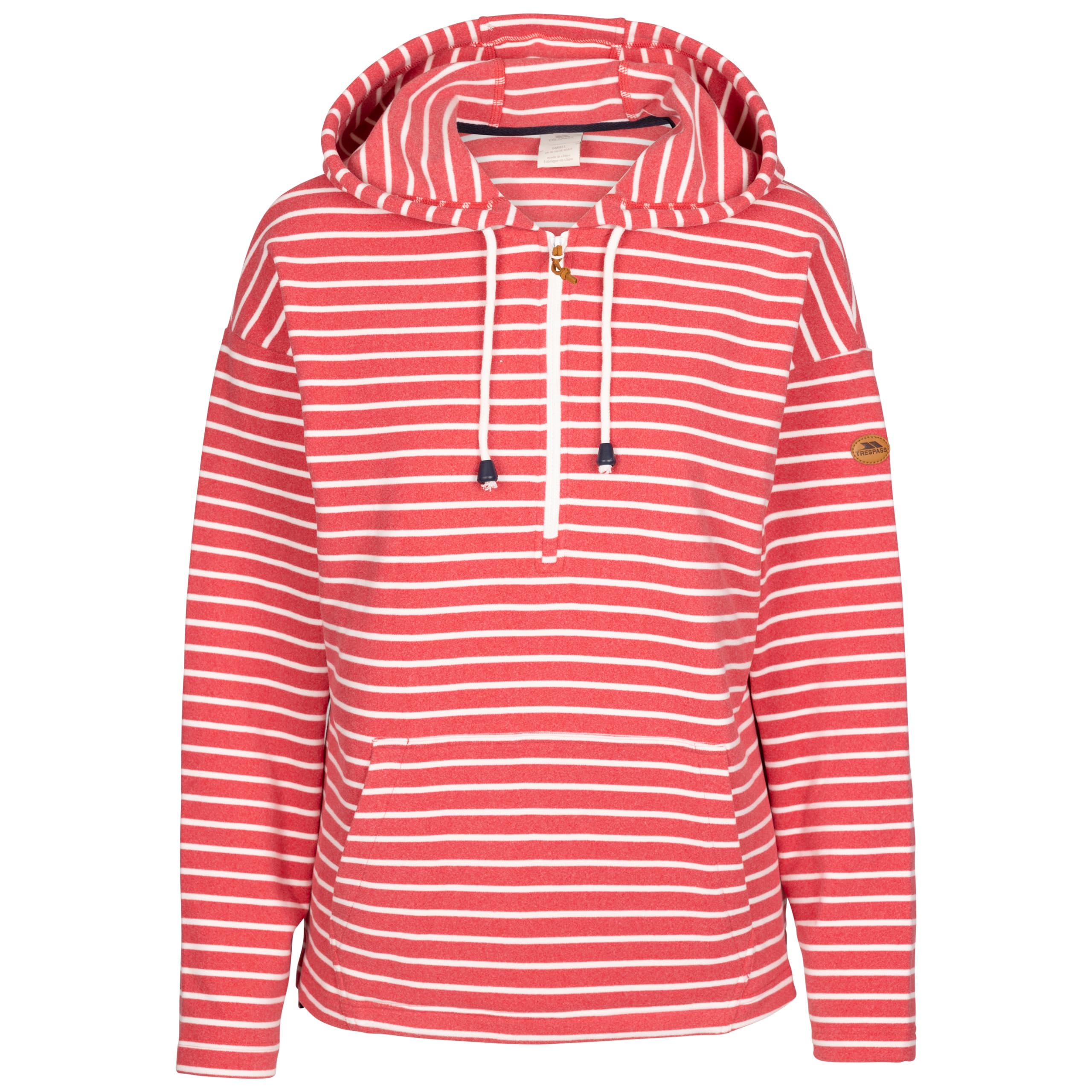 Trespass Women's Red Casual Hoodie Softly - Yarn-Dyed Stripe, Soft Hand Feel, Brushed, Grown On Hood, Cord Ties, Kangaroo Pocket, 1/2 Zip, Side Vents, Long Sleeves, Contrast Trims