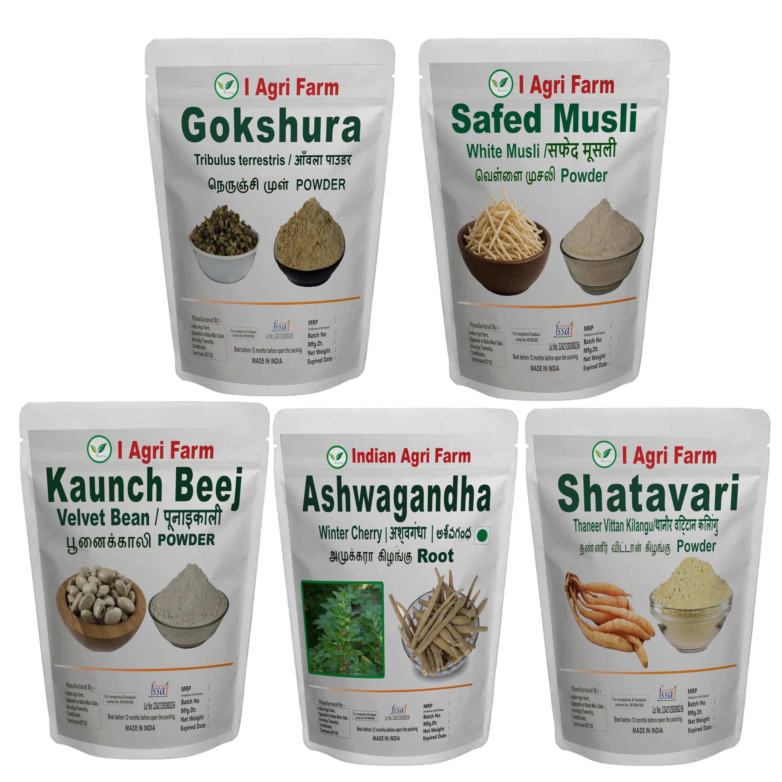 Iagrifarm Gokhru Chota, Safed Musli, Kaunch Beej, Ashwagandha and Shatavari Powder (Pack of 5, each 100g)