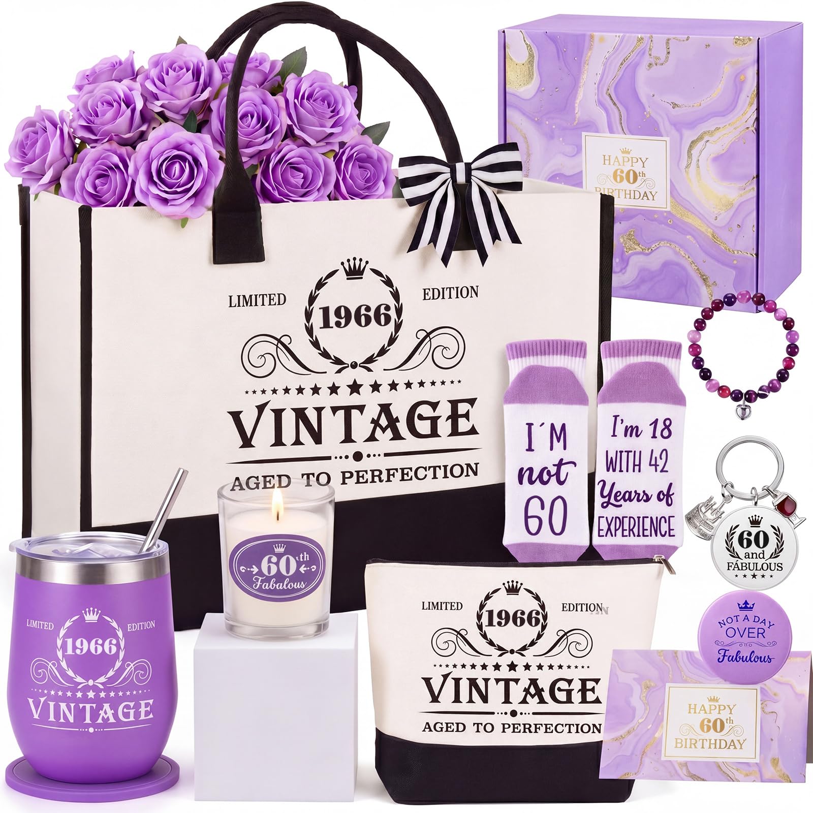 Patelai 8 piezas de regalos de 60 cumpleaños para mujeres, regalos de 60 años para mujer de 60 años, vintage, 1965, cesta de vaso, bolsa de mano, juego de regalos de cumpleaños para mamá de 60 años