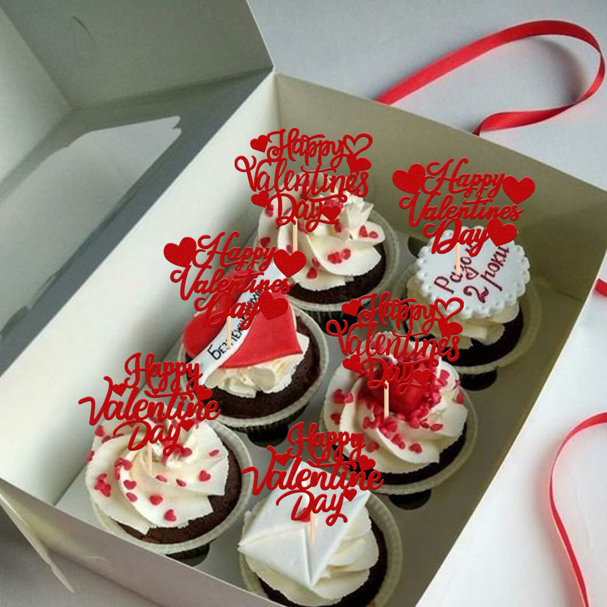 Xsstarmi 30 Pack Happy Valentine's Day Cupcake Toppers Glitter Love Heart Cupcake Picks for Valentine's Day Theme Wedding Engagement Valentine Party Cake Decorations Supplies Red - Image 4