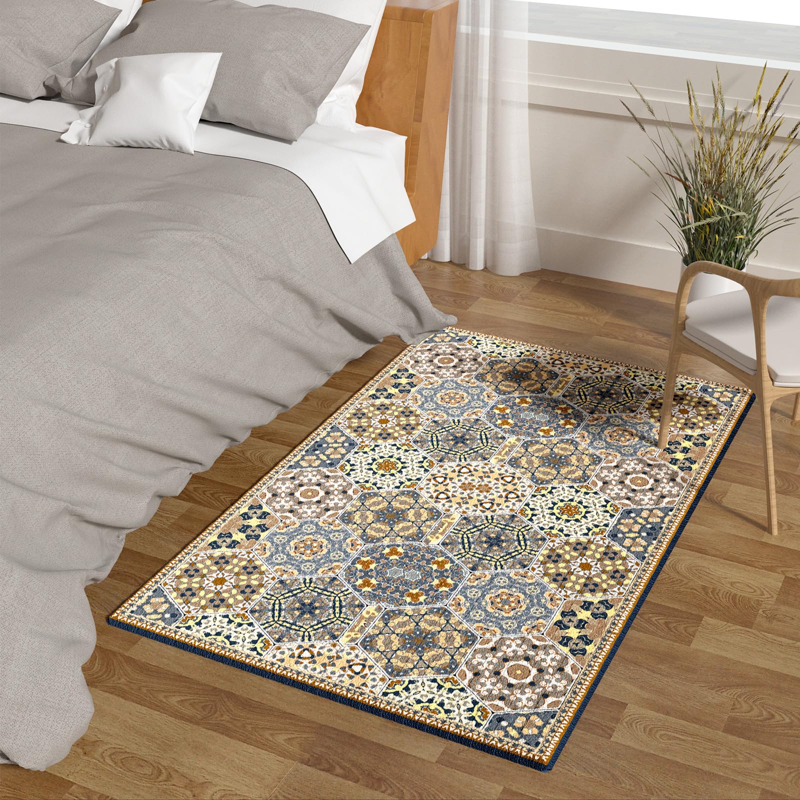 Machine Washable Boho Area Rug,3x5 Indoor Door mats for entryway,Non-Shedding Faux Wool Low-Pile Throw Rugs for Kitchen Laundry Bathroom Bedroom (Brown, 3x5ft)