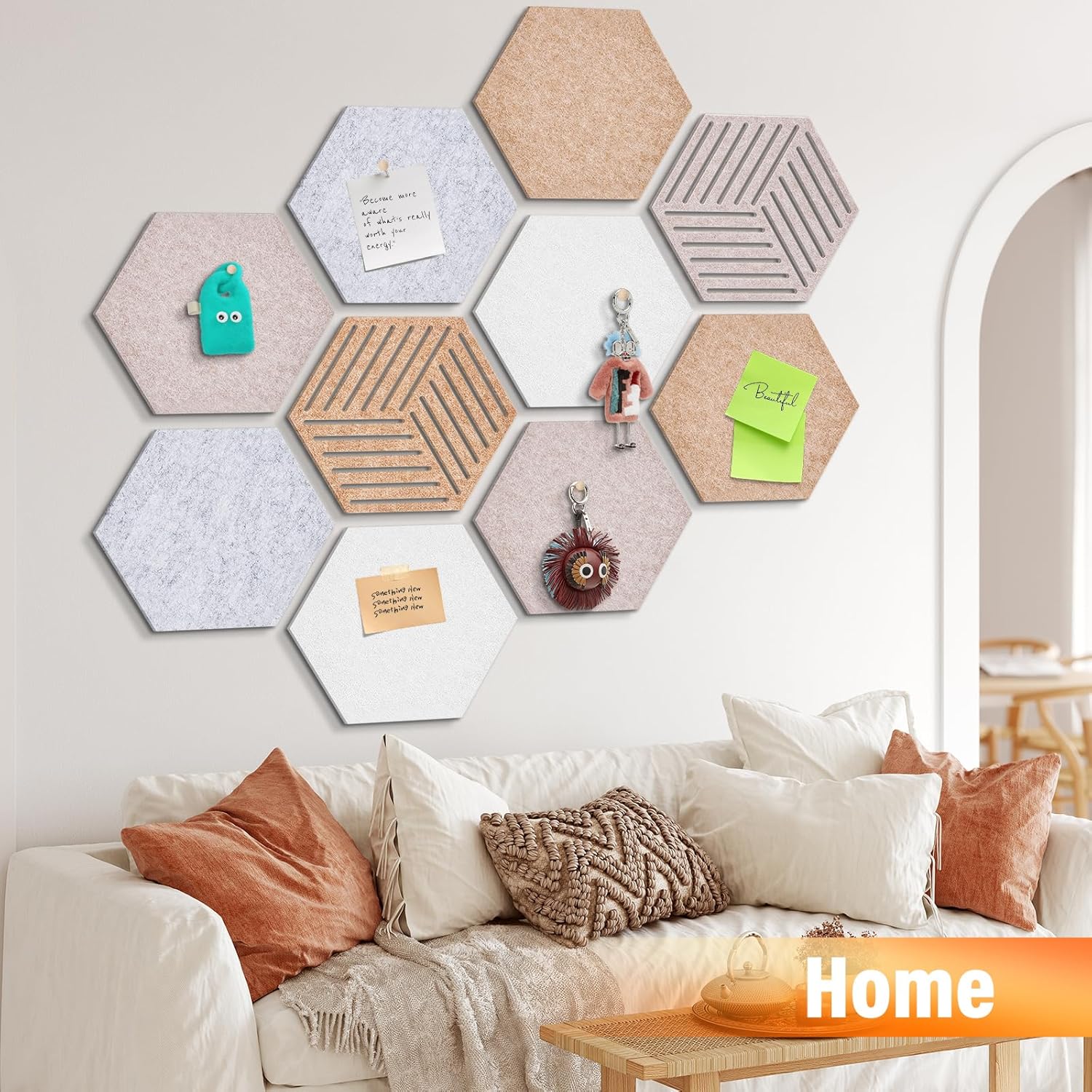 Hexagon Cork Board Tiles 10 Pack 12'' x 10'' Felt Cork Bulletin Boards Tiles for Walls, Hexagon Small Cork Boards with 50 Wooden Push Pins, for Office Home Photos DIY Classroom Decor