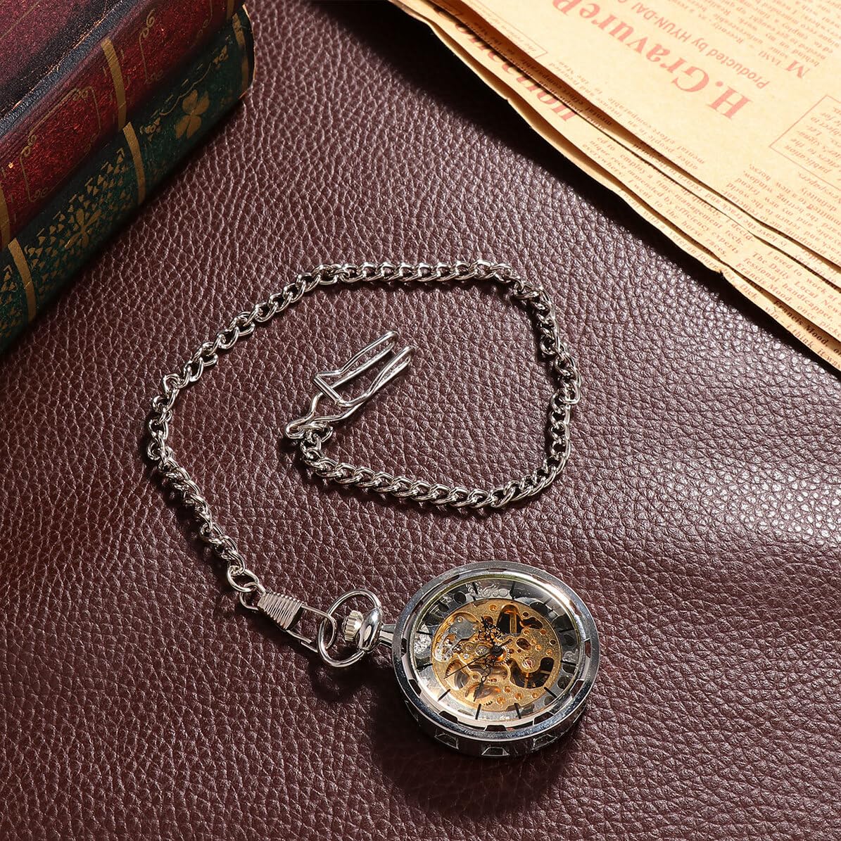 GALPADA Reloj de Bolsillo Mecánico Manual Vintage Hueco, Aleación Plateada, Cadena, para Hombre y Mujer, Uso Diario