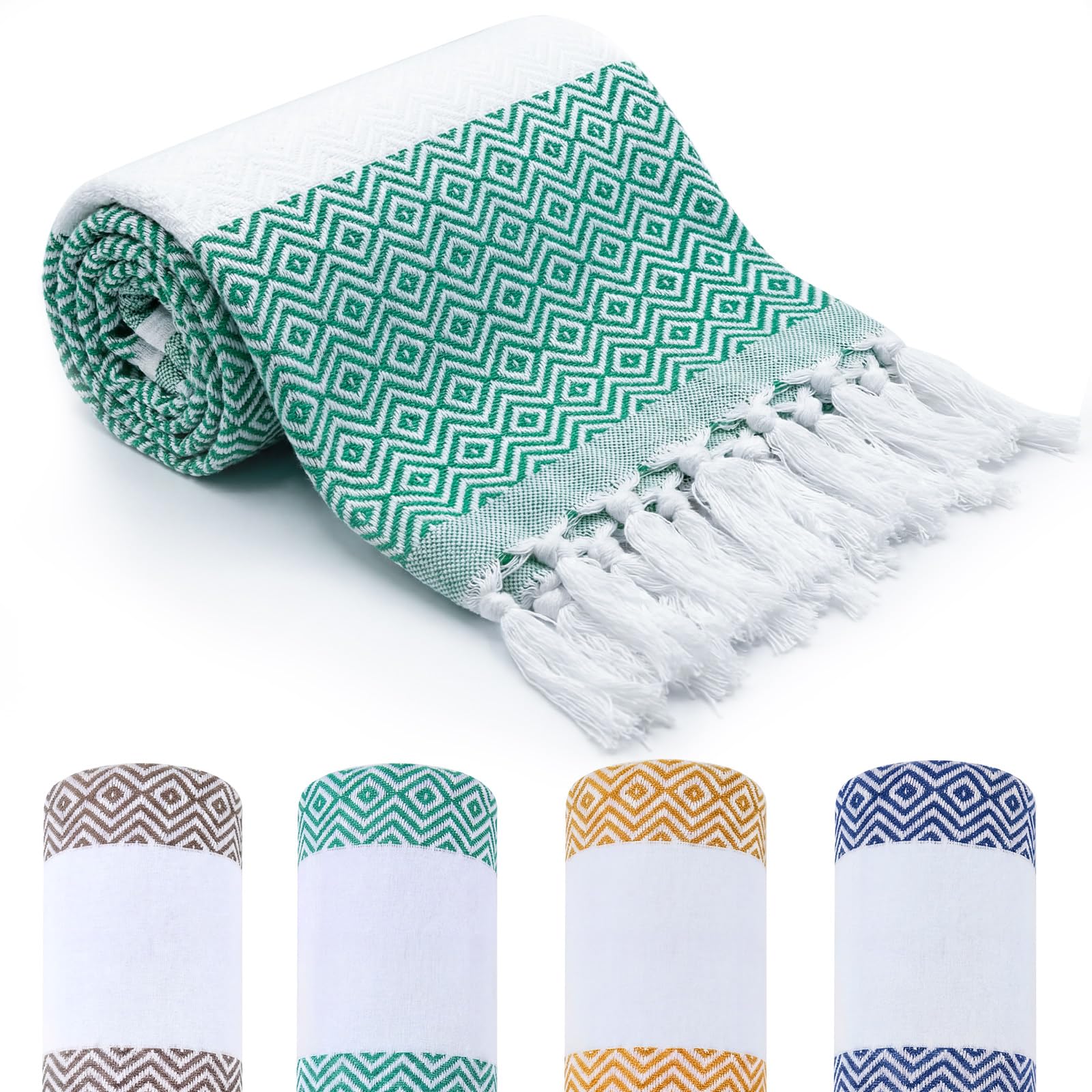 Nuenen 4er Set Hamamtuch Saunahandtuch 100 x 180 cm Leichtes Schnell Trocknendes Strandtuch aus Baumwolle Platzsparend für Reise Sauna Yoga Urlaub Weich Stilvoll (Blau, Grün, Braun, Gelb)