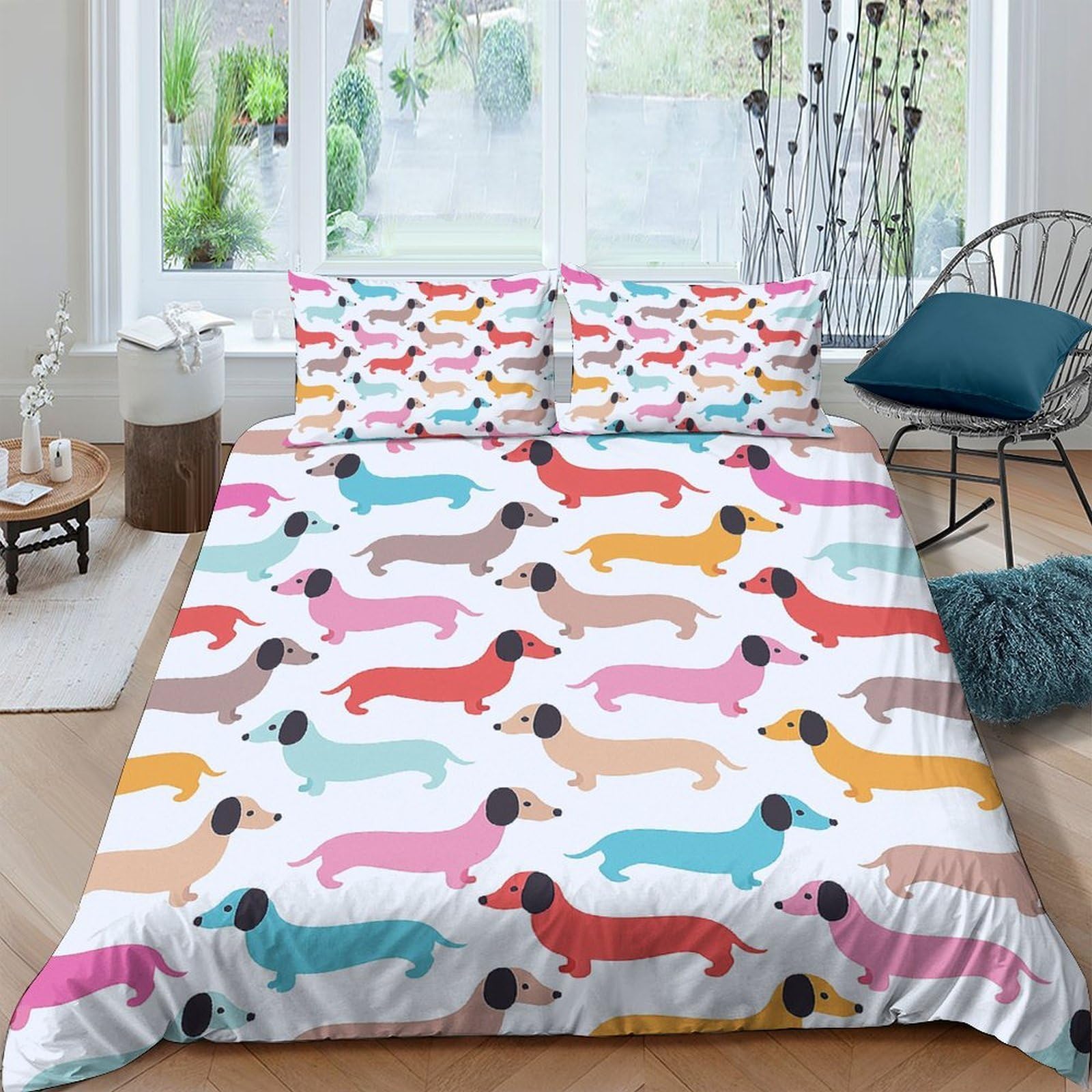 Ctjqhvkz Style-6 3D Printed Colorful Dachshund Fitted Sheet Microfiber Soft Breathable Dog Pattern Mattress Cover For Bedroom Dorm Decor Single（135X200cm）