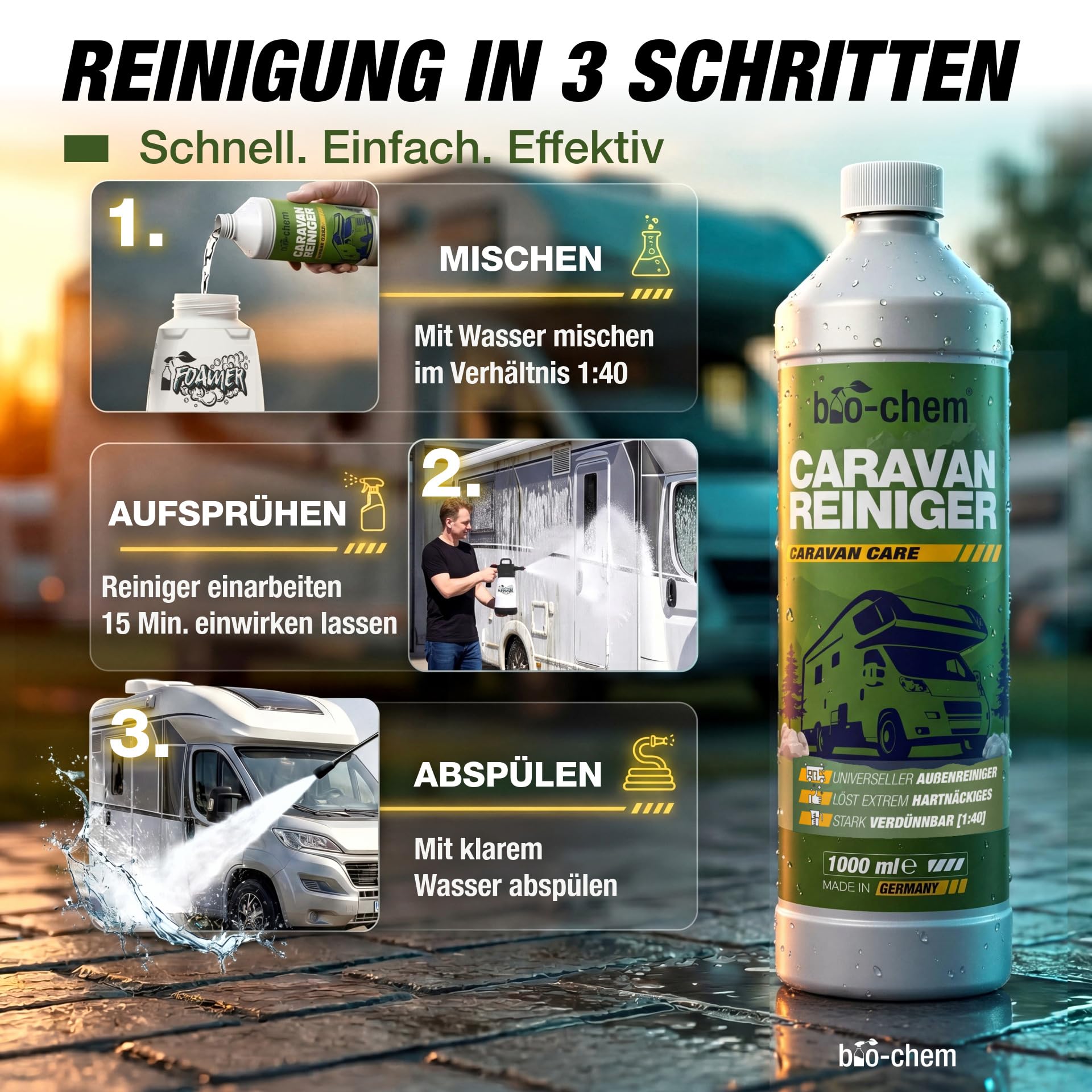 Bio-Chem środek do czyszczenia przyczep kempingowych i kamperów, bardzo mocny koncentrat, 2 x 1000 ml, środek czyszczący do przyczep kempingowych, przystawek namiotowych, środek do usuwania smug deszczu – Made in DE