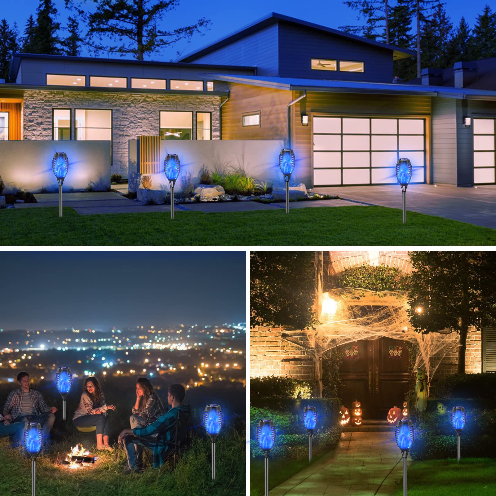 Lot de 8 lampes solaires d'extérieur bleues avec flamme vacillante, 12 mini torches Tiki à DEL, décorations de paysage étanches pour jardin, allée, du crépuscule à l'aube, marche/arrêt
