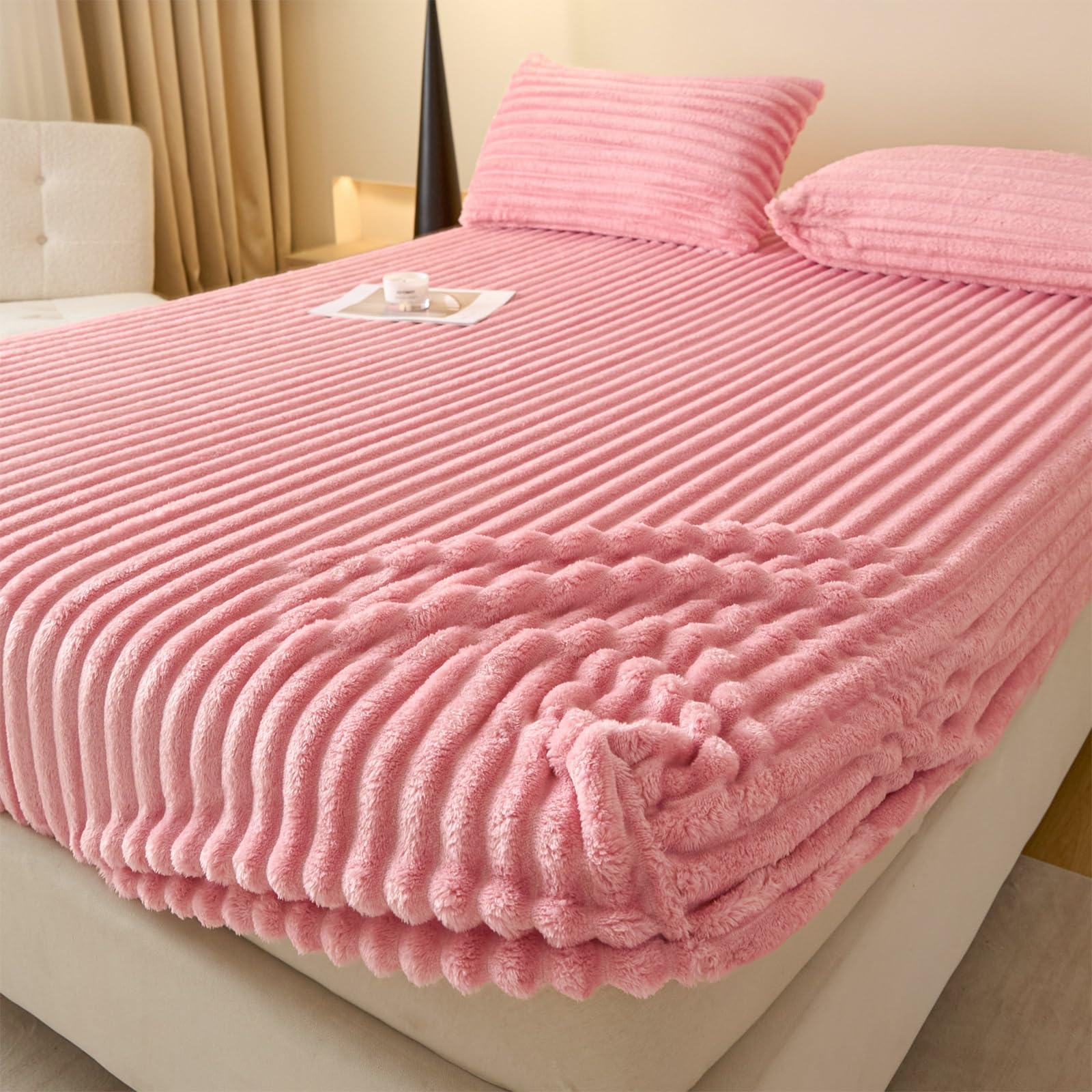 Plüsch Spannbettlaken Cord Bettlaken Winter Leintuch Flauschig Bettbezug Warm Spannbetttücher Spannleintuch Spannbetttuch(Light pink,180x200cm)