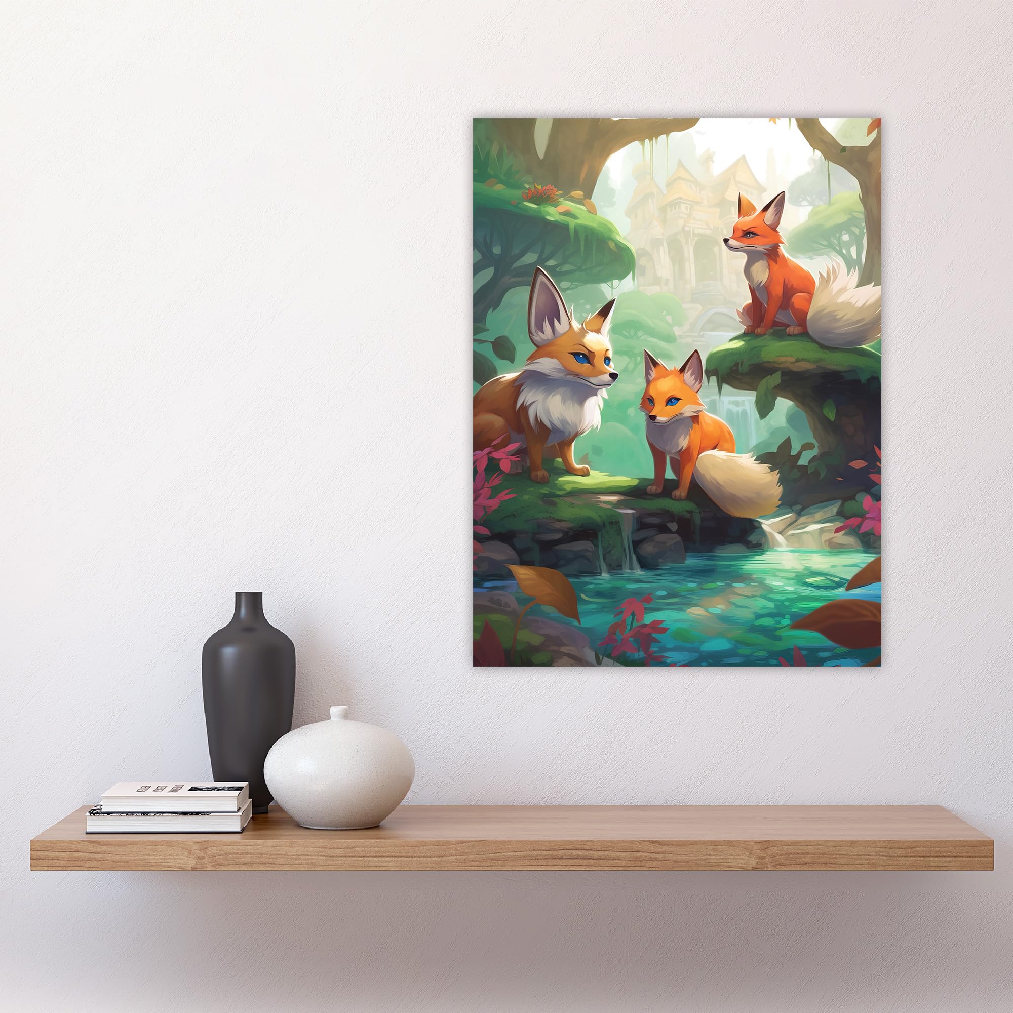 Artery8 Three Kitsune Fox Spirits Painting Orange Pink Green Blue Playful Mythical Creatures Perched By River in Lush Forest Landscape Large Wall Art Poster Print Thick Paper 18X24 Inch - Image 4