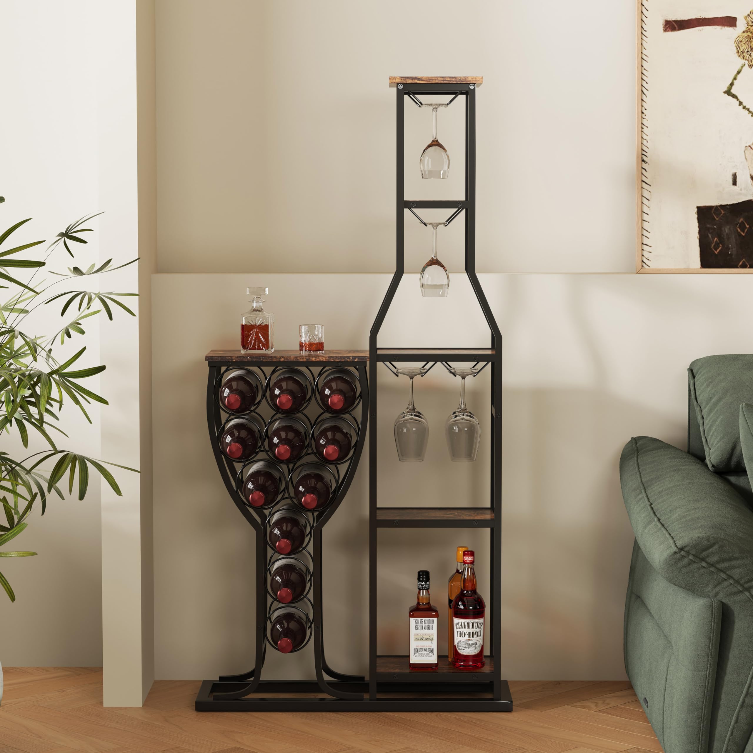 FILINGSKY Wine Bakers Rack, 5-Tier 11 Bottle Wine Storage Stands Freestanding Floor, Hanging Wine Glass Holder Wine Storage, Wine Organizer Display Rack Table for Kitchen, Dining Room (Big)