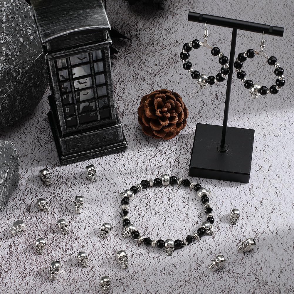 SUNNYCLUE 1 Box 60Pcs Silver Skull Bead Halloween Skeleton Beads Bulk Metal Alloy Skulls Shaped Skeletons Head Mini Loose Spacer Charm Beads for Bracelet Jewelry Making Necklace DIY Crafts Accessories