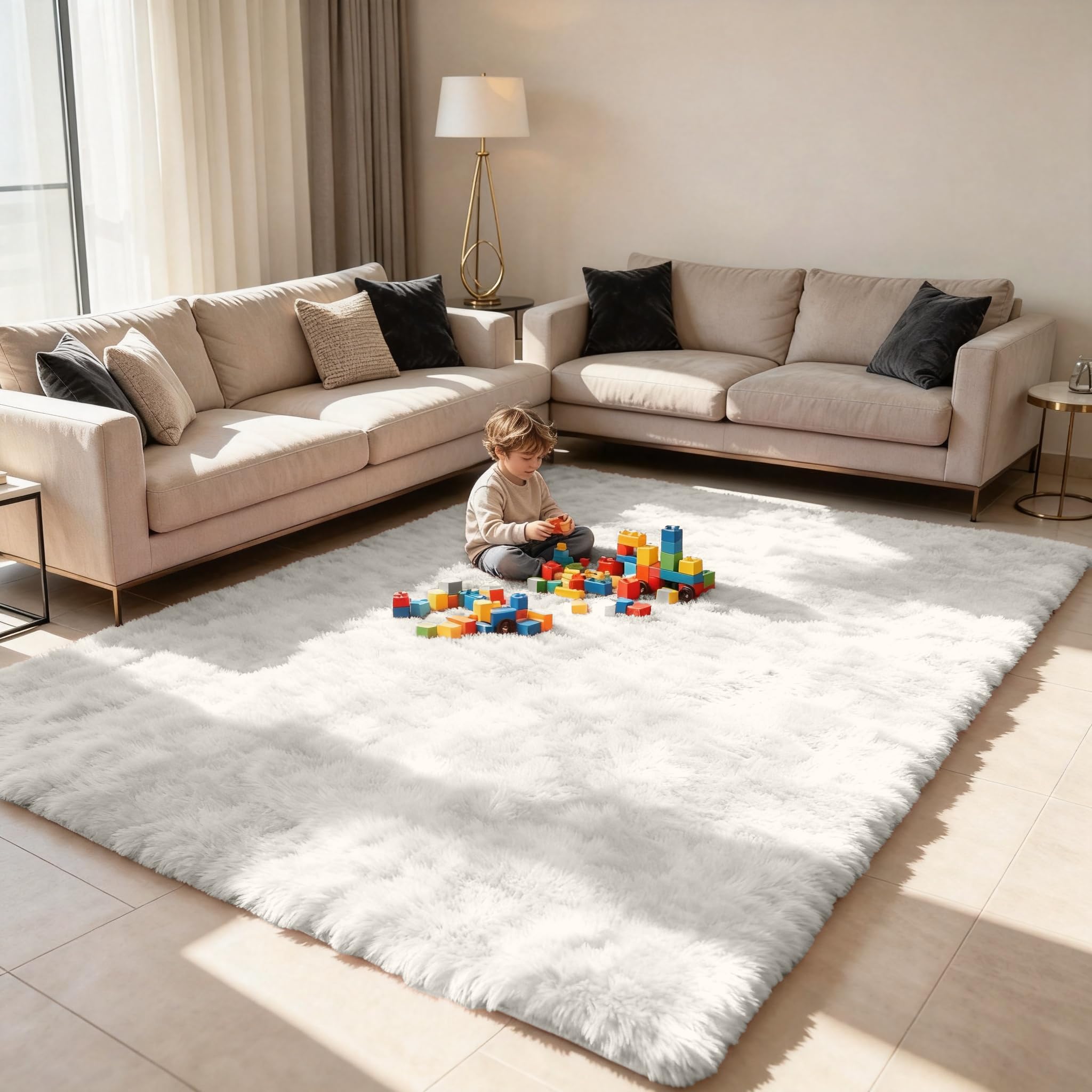 wyewye Fluffy Rug for Living Room, Large Shaggy Anti-Slip Area Rug, Soft Washable Modern Carpet for Bedroom & Nursery, 4 cm Thick Pile, 60 x 100 cm, White