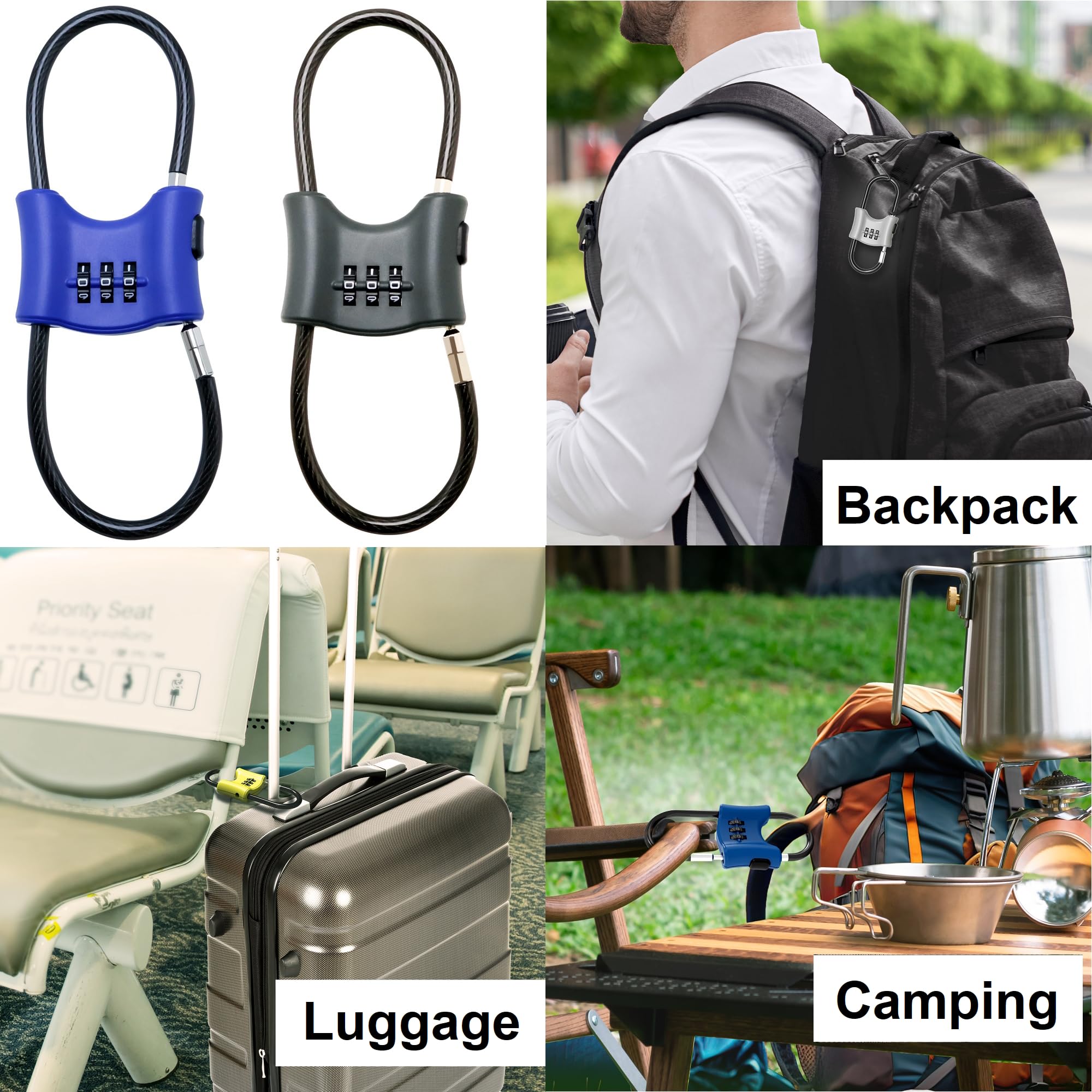 3-Digit Combination Padlock with 30cm Double Loop Cable, Resettable Travel Lock for Suitcases Rucksacks, Helmet - Image 2