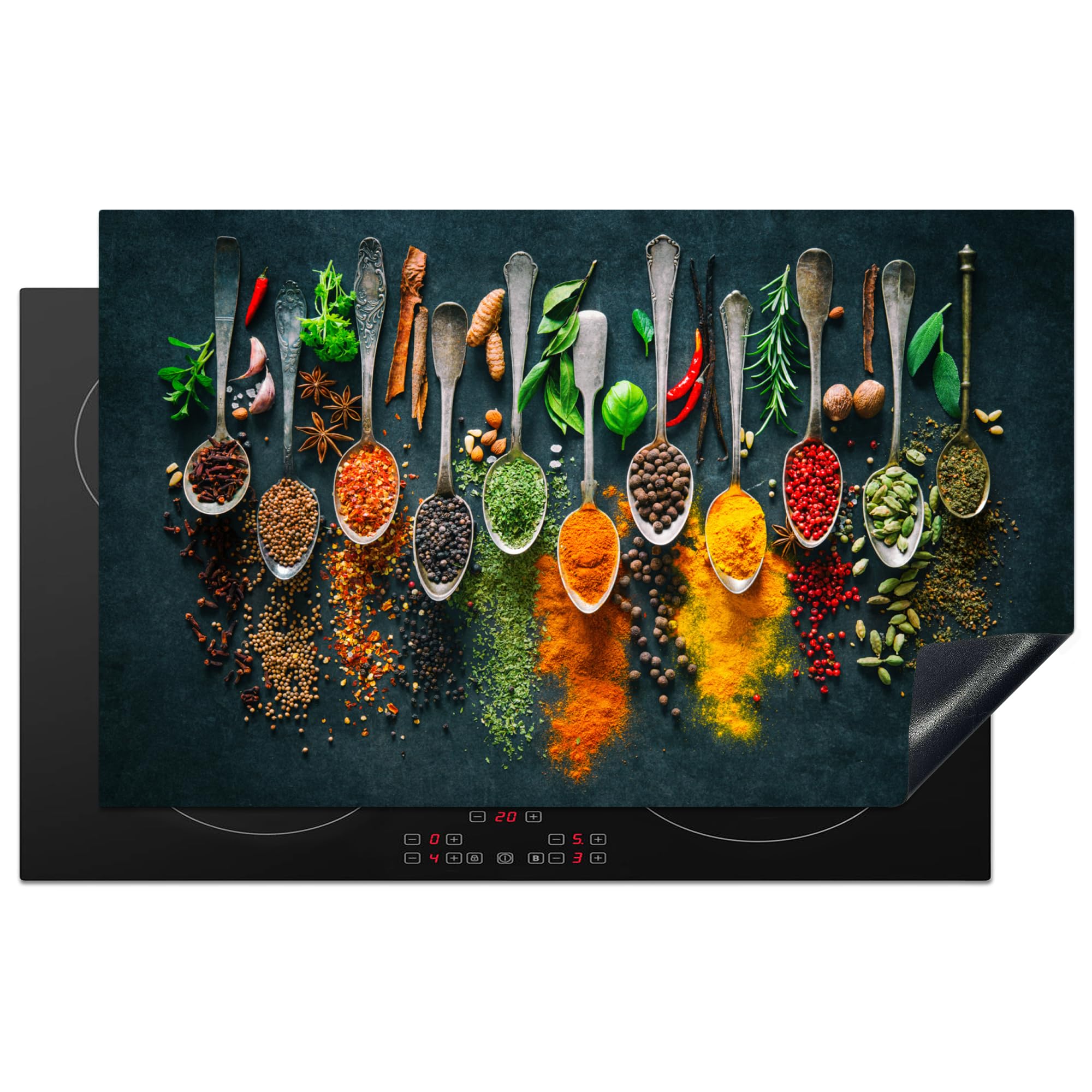 KitchenYeah© Induction Hob Protector Mat 20.5"x33.5" / 85x52 cm Cooker Top Protectors Cover Ceramic Covers Electric Hobs Vinyl Herbs - Spices - Spoons