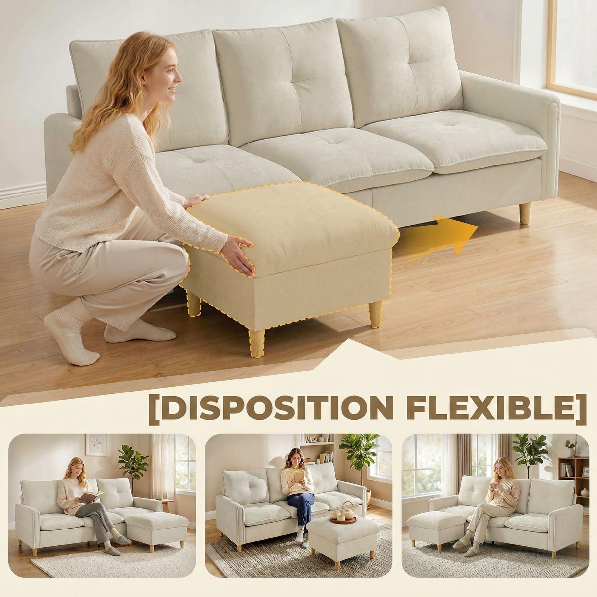HOMCOM Divano a 3 posti con pouf portaoggetti divano angolare modulabile 210 cm moderno seduta ampia imbottita cuscini a molla, tessuto effetto lino, gambe in legno di albero della gomma, per | Ottomano di stoccaggio