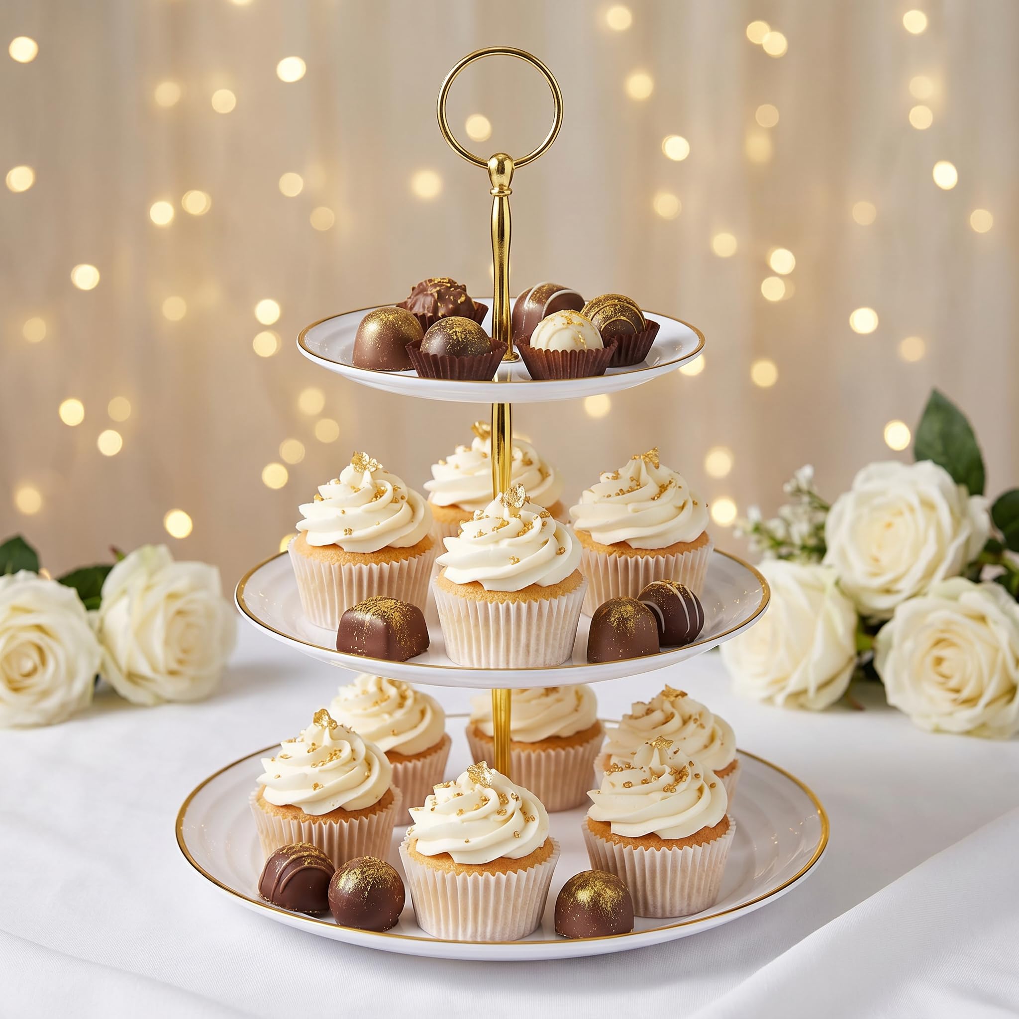 2 Stück Etagere Weiß Gold 3 etagen Kuchenständer Elegante Cupcake Ständer Muffin ständer für Hochzeit Party Geburtstag Etagere Vintage für Desserts Cookie Gebäck gestuftes Serviertablett