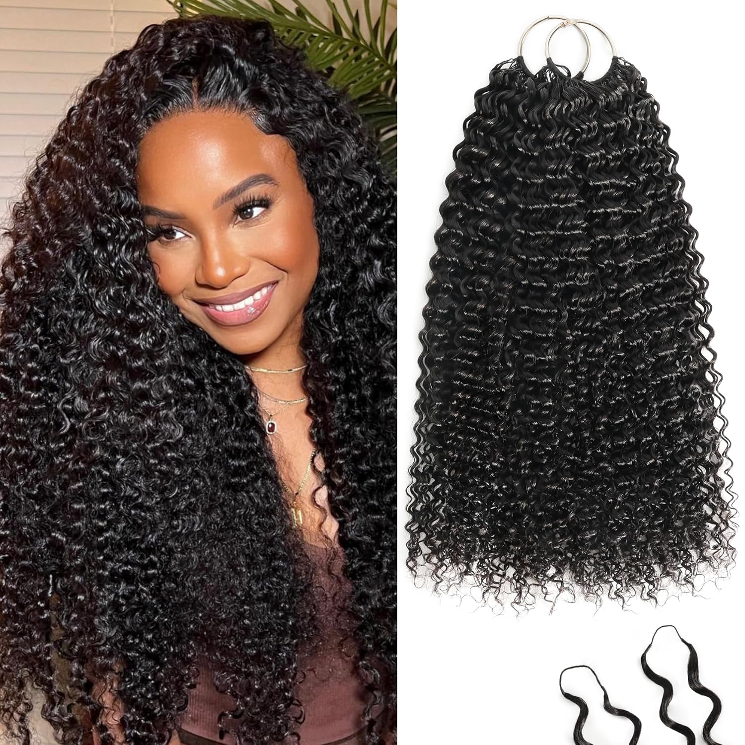 Human Crochet Hair for Black Women Jerry Curly Knotless Feather Hair Extension Pre-Separated Deep Curly Human Hair Crochet Bundles Invisiable 18Inch 120g Natural Black