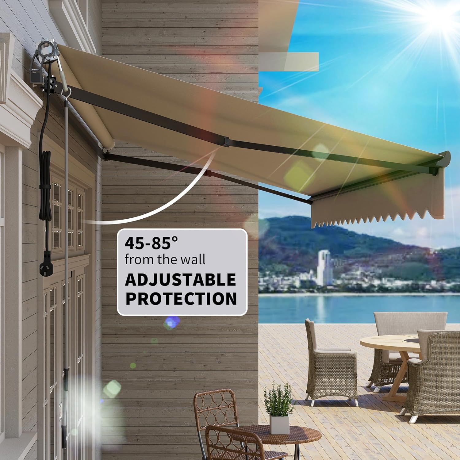Diagram showing the adjustable angle of the awning from 45 to 85 degrees