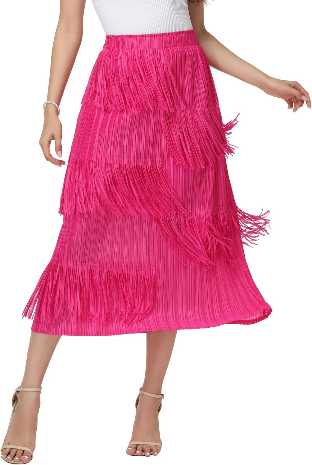 Kisidoo Fringe Maxi Skirt for Women 5-Tier Asymmetrical Long Fringe Skirt Elegant High Waist Flowy Midi Skirt for Party - Image 2