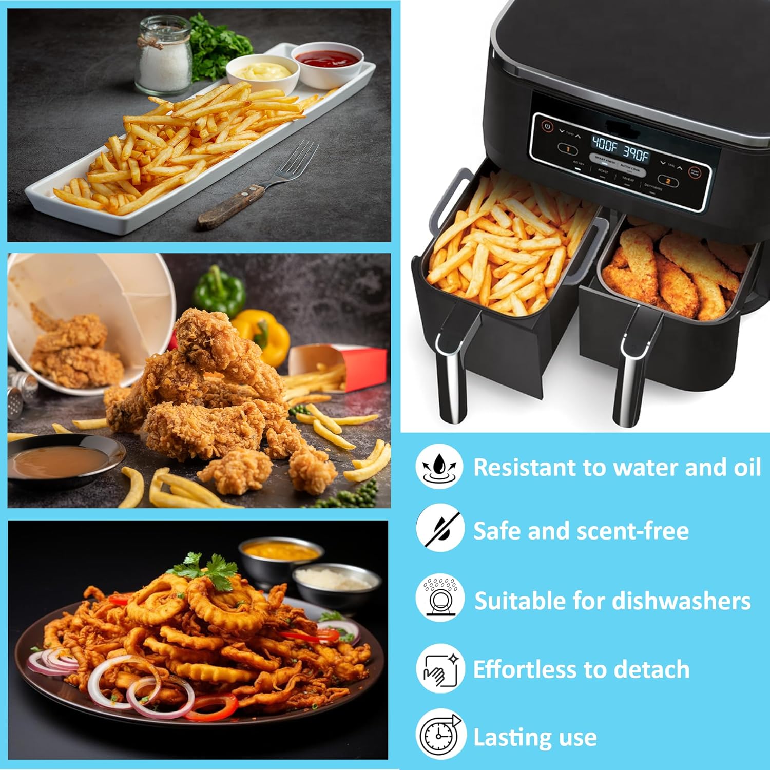 Silicone Air Fryer Liners 2 Pack, Reusable Liners Compatible for all Ninja Foodis DZ201, DZ401, DZ550, COSORI, Chefman, Instant Air Fryer, and 6-in-1 8-10QT
