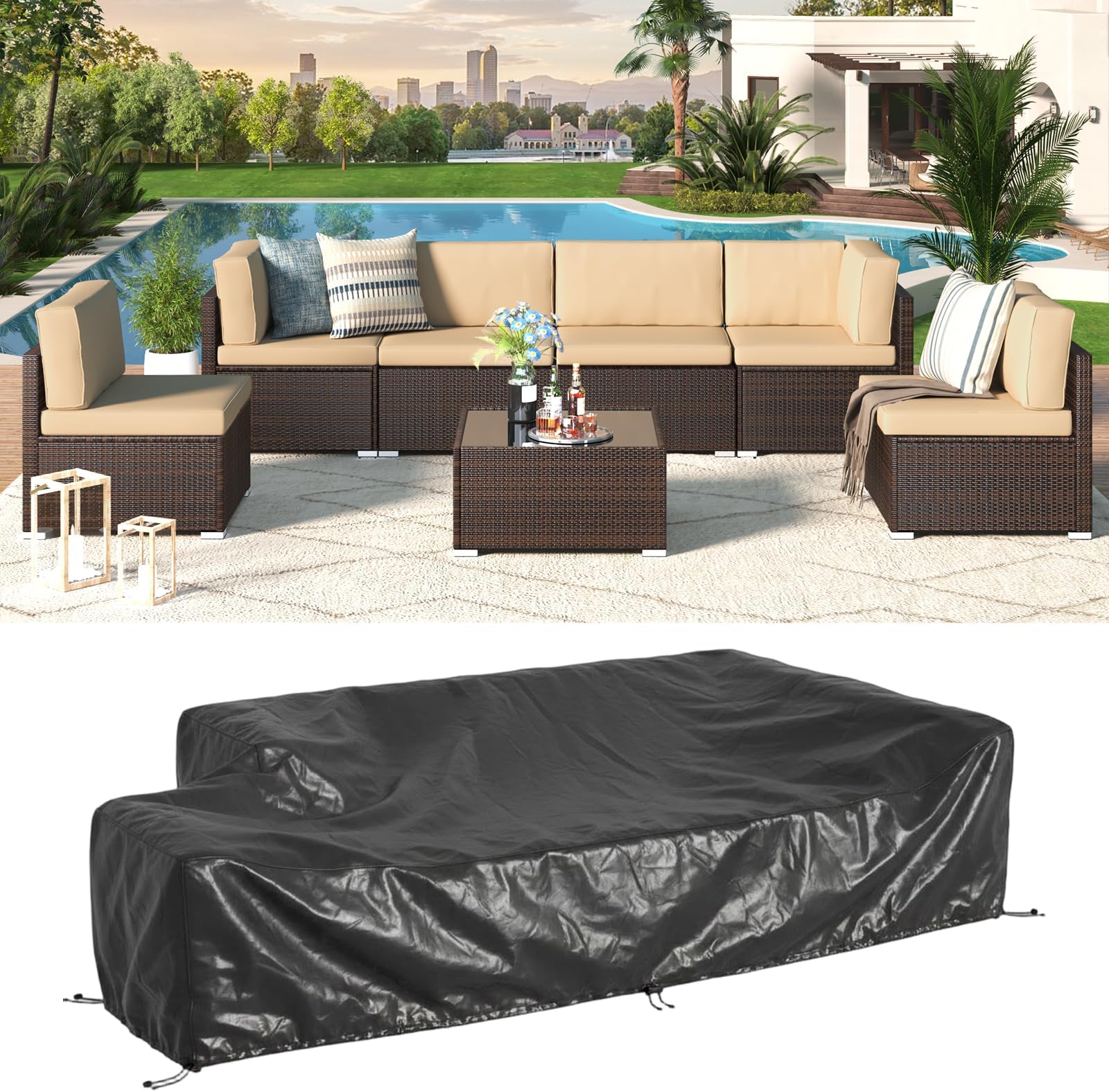 U-MAX 7 PCS Patio Funriture Set with Coffee Table (Four-line Rattan(7 pcs/with Cover), Brown Rattan&Beige)