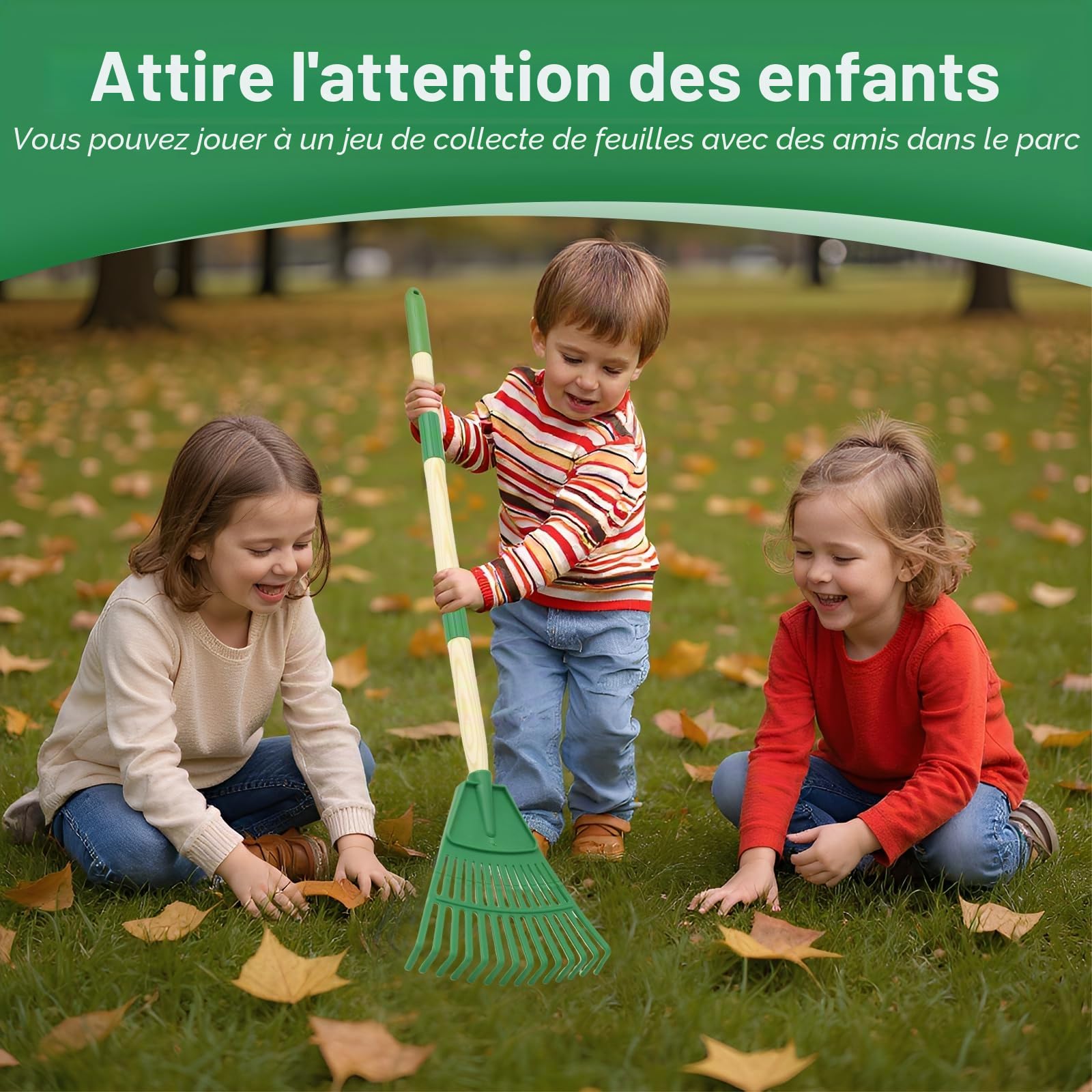 Lot de 2 râteaux à feuilles pour enfants avec 14 dents et manche en bois naturel de 67 cm - Balai à gazon amovible - Longueur totale : 86 cm (jaune et vert)
