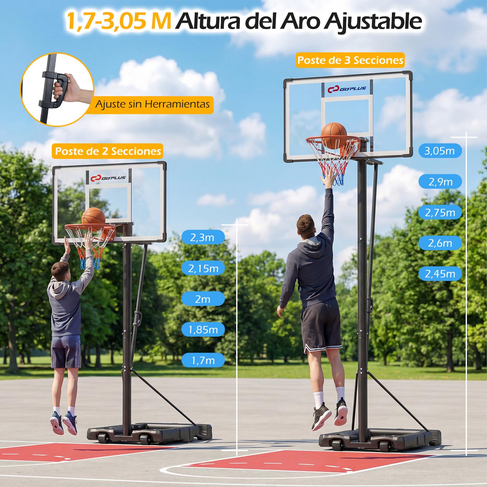 COSTWAY Canasta de Baloncesto, Altura Ajustable de 10 Niveles, 170 a 305 cm, Base Rellenable y Ruedas, Canasta de Baloncesto Niños Adultos Interior Exterior