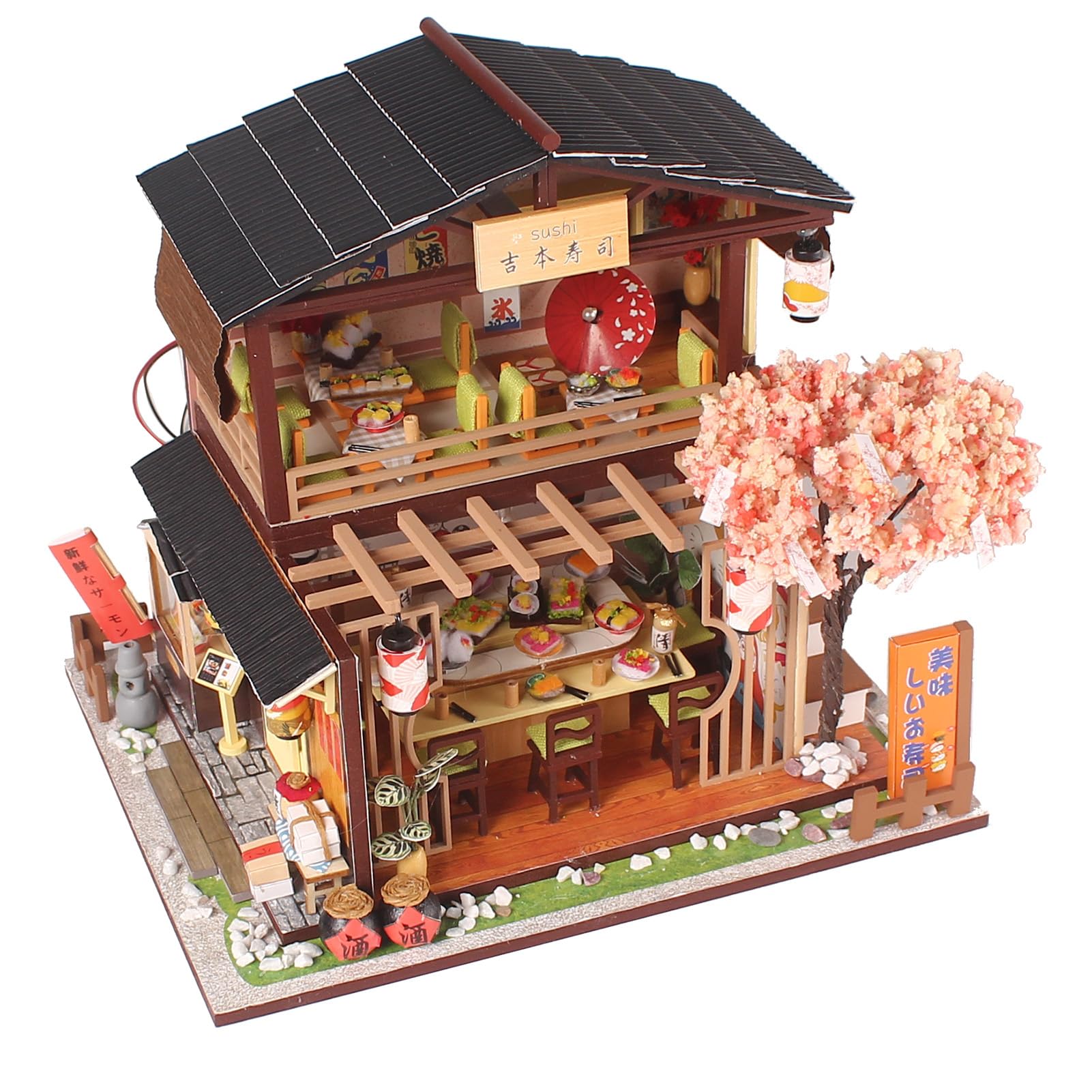Generic Model Sklepu z Sushi dla Majsterkowiczów Wykwintna Drewniana Japońska Zabawka do Montażu LED dla Dorosłych Nastolatki, Miniaturowe Meble Domowe z Lipy do Kreatywnego Projektu, przyjaciół