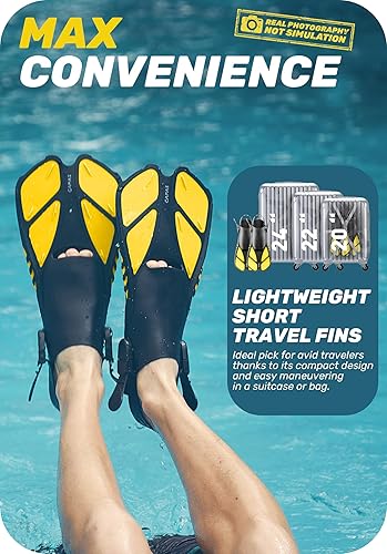 Vista 19 de CAPAS - Aletas de natación de talón abierto, tamaño de viaje, cortas, ajustables para buceo, adultos, hombres, mujeres y niños Negro