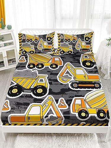 Miniatura 2 de Construction Truck - Juego de sábanas tamaño individual de 4 piezas, 1 sábana encimera, 1 sábana bajera, 2 fundas de almohada, juego de ropa de cama