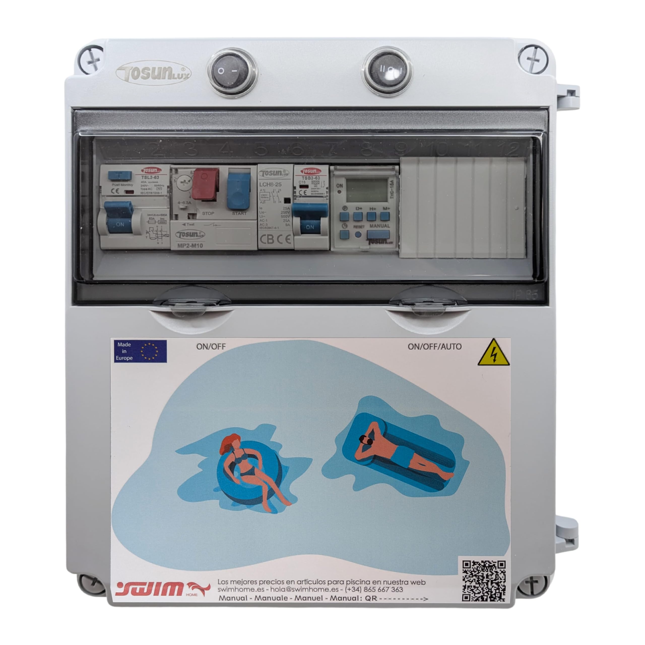 SWIMHOME Cuadro Eléctrico Piscina 2CV, Contactor Clorador, Transformador 150W 12V DC, Control RGB, Mando, Gris
