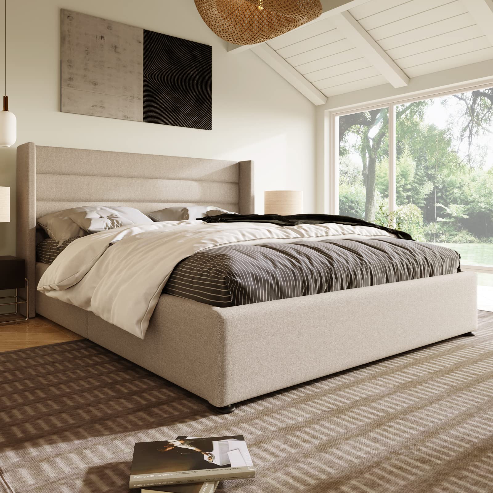 FEEOHOME Lit Double Rembourré 160 x 200 cm, lit 2 Places avec Cadre de lit et Espace de Stockage, Lits Coffre sommier à Lattes pour Adulte Adolescent, Lin Beige