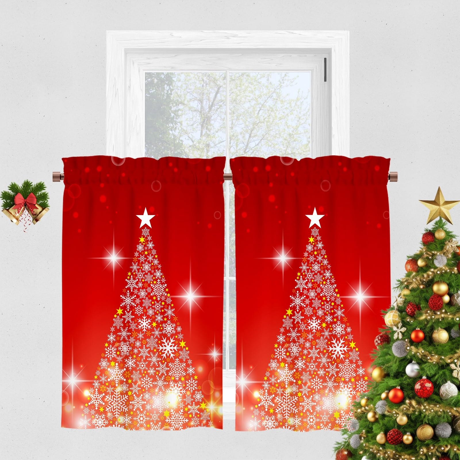 YOSTEV Christmas Kitchen Curtain, Red Sparkle Xmas Tree Snowflakes Velvet Curtain for Kitchen Window, Winter Window Treatment Rod Pocket Thermal