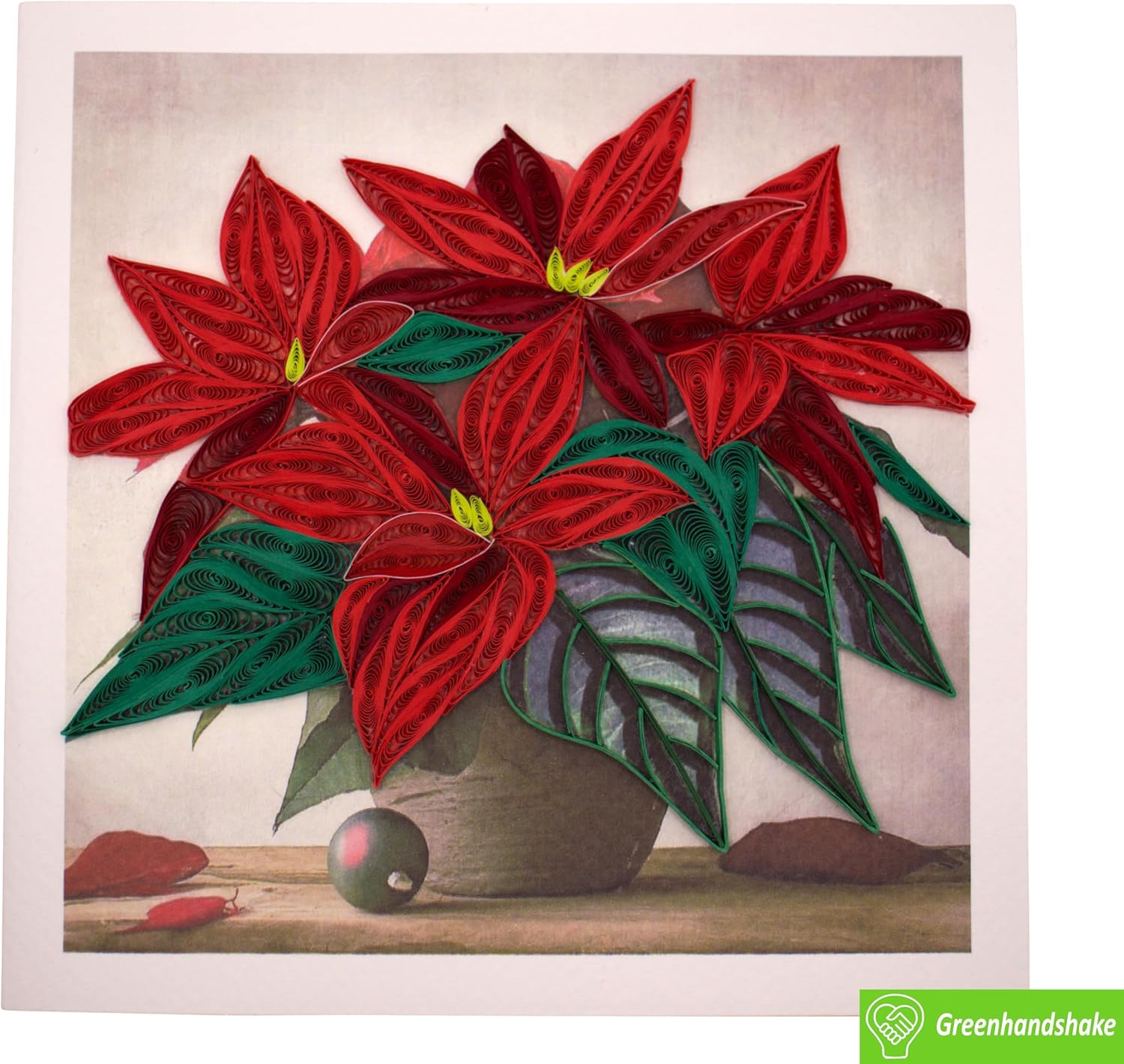 GREENHANDSHAKE Potted Poinsettia Christmas Wishes, quilling art greeting card for birthday, valentine's day, mother's day, anniversary, thank you, get well, 6" x 6" - Image 3