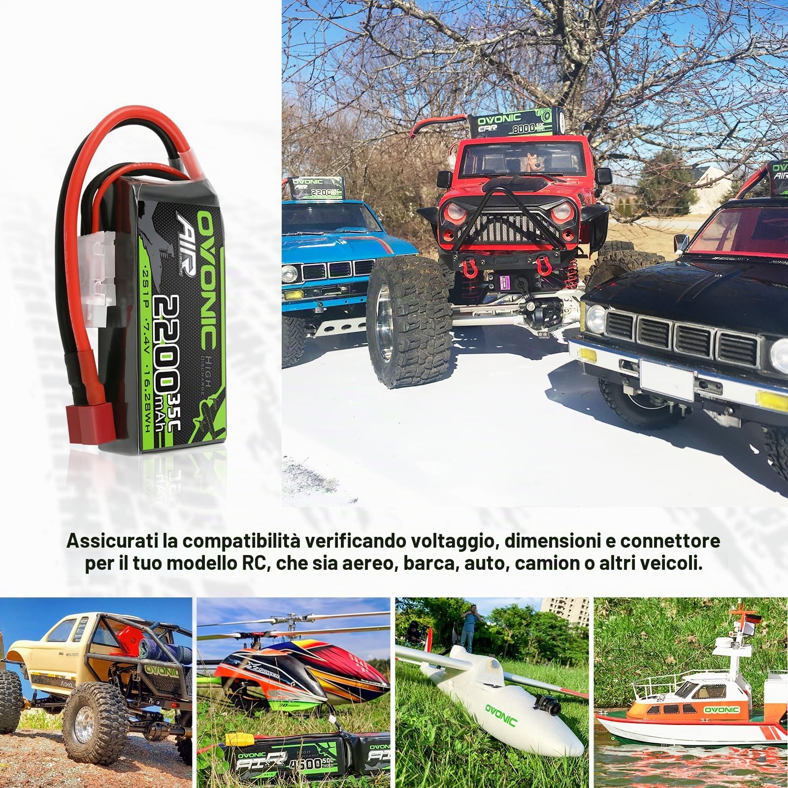 OVONIC Batteria Lipo 2s 35C 2200mAh 7.4V Batteria Pacchetto Corto con Decani per RC Heli Aereo Quadcopter Auto Barca Camion Elicottero Multi-Motore Fai da Te Hobby (2 pezzi)