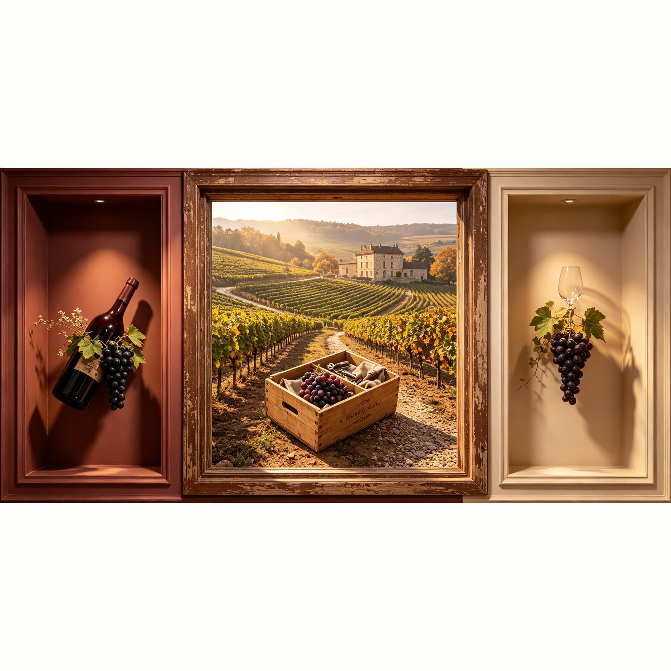 QZLITHOTIC 50x100cm 3D Framed Wall Art， Vineyard Landscape Wine Harvest Self‑Adhesive Mural， Water‑Activated Peel & Stick Fabric Decor Wall Decal for Bedroom Living Room