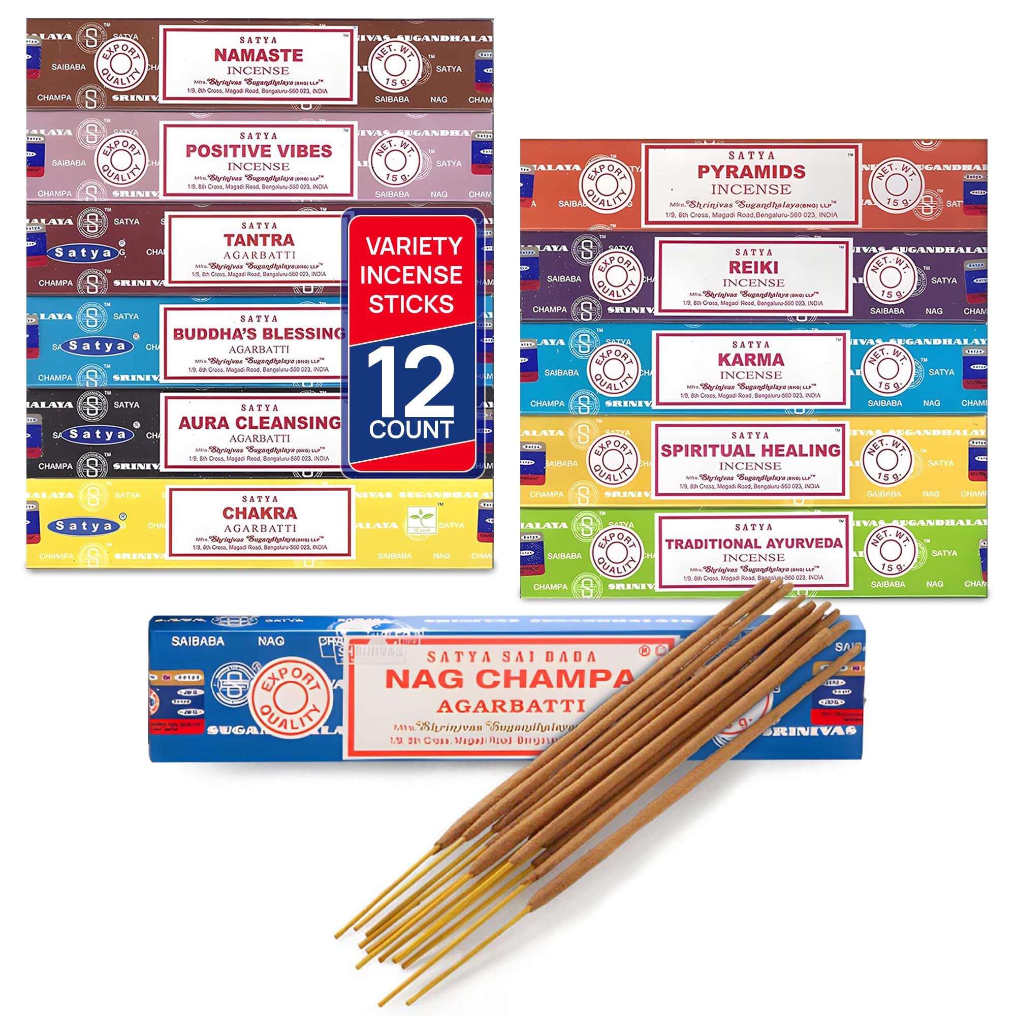 Satya Set Of 12 Nag Champa Namaste Positive Vibes Tantra Buddha Blessing Aura Cleansing Chakra Pyramids Reiki Karma Spiritual Healing Traditional Ayurveda