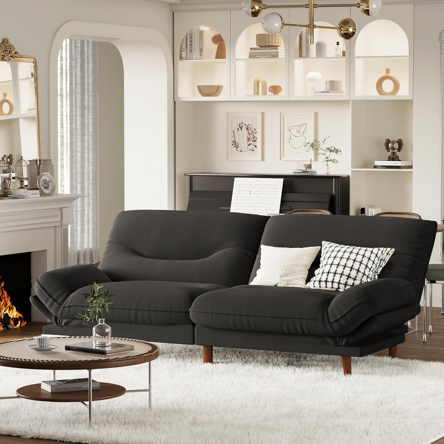 Homall Futon Sofa Bed, Modern Loveseat Futon Couch with Adjustable Backrest and Armrests, Sleeper Sofa Bed with Wood Frame for Living Room, Office, Apartment (Fabric, Black)