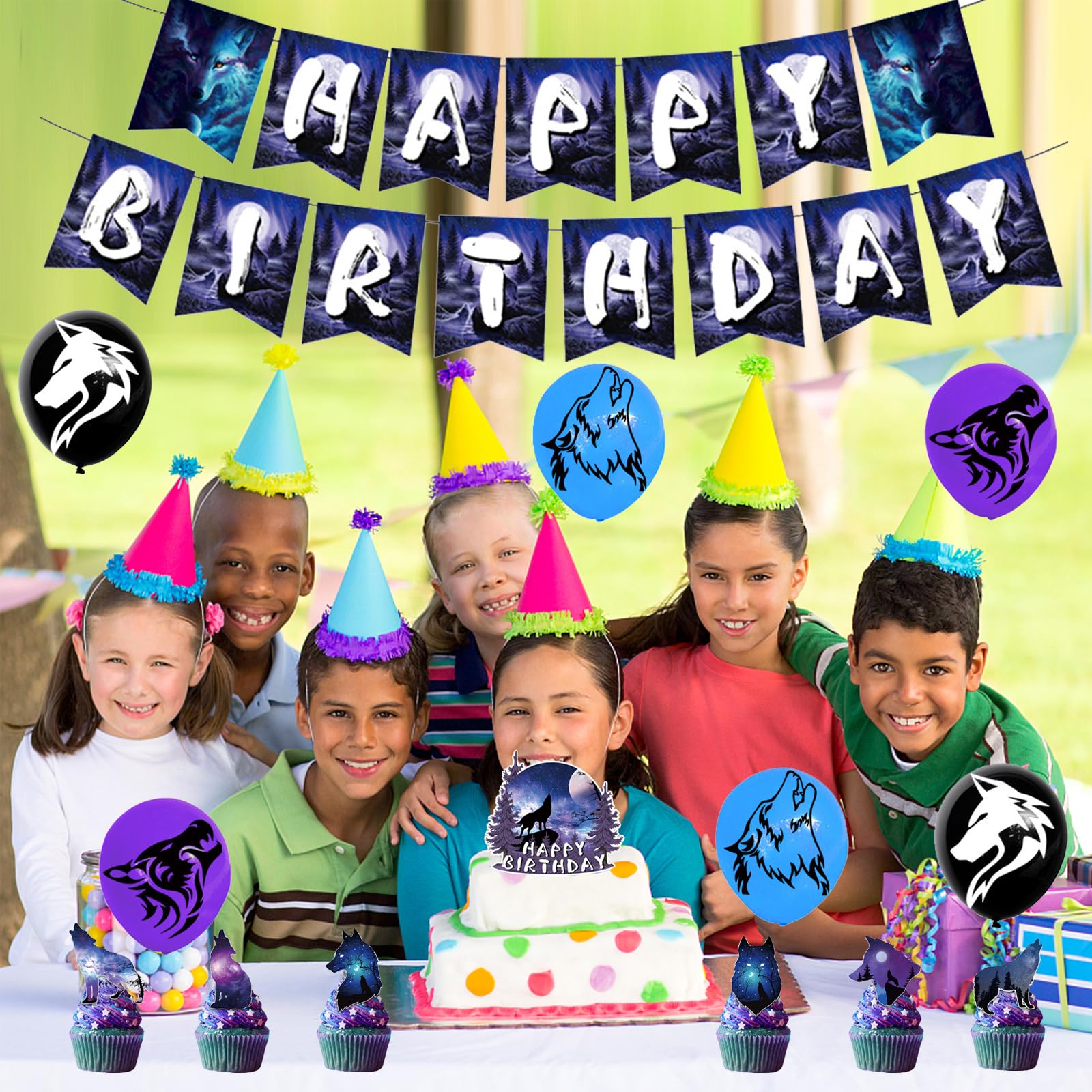 Palloncini Compleanno Lupo, 44 Pezzi: 18 Palloncini Lattice 30 Cm, Striscione Happy Birthday, 24 Topper Cupcake, Torta Topper, Decorazioni Feste Bambini Tema Animali - 2