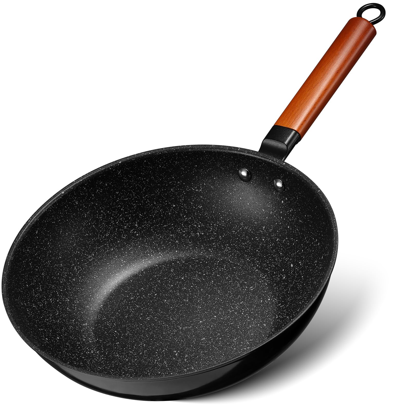BEZIA Nonstick Wok Induction, 30cm Non Stick Stir-Fry Wok with Flat Bottom, Removable Wooden Handle, Compatible All Stoves