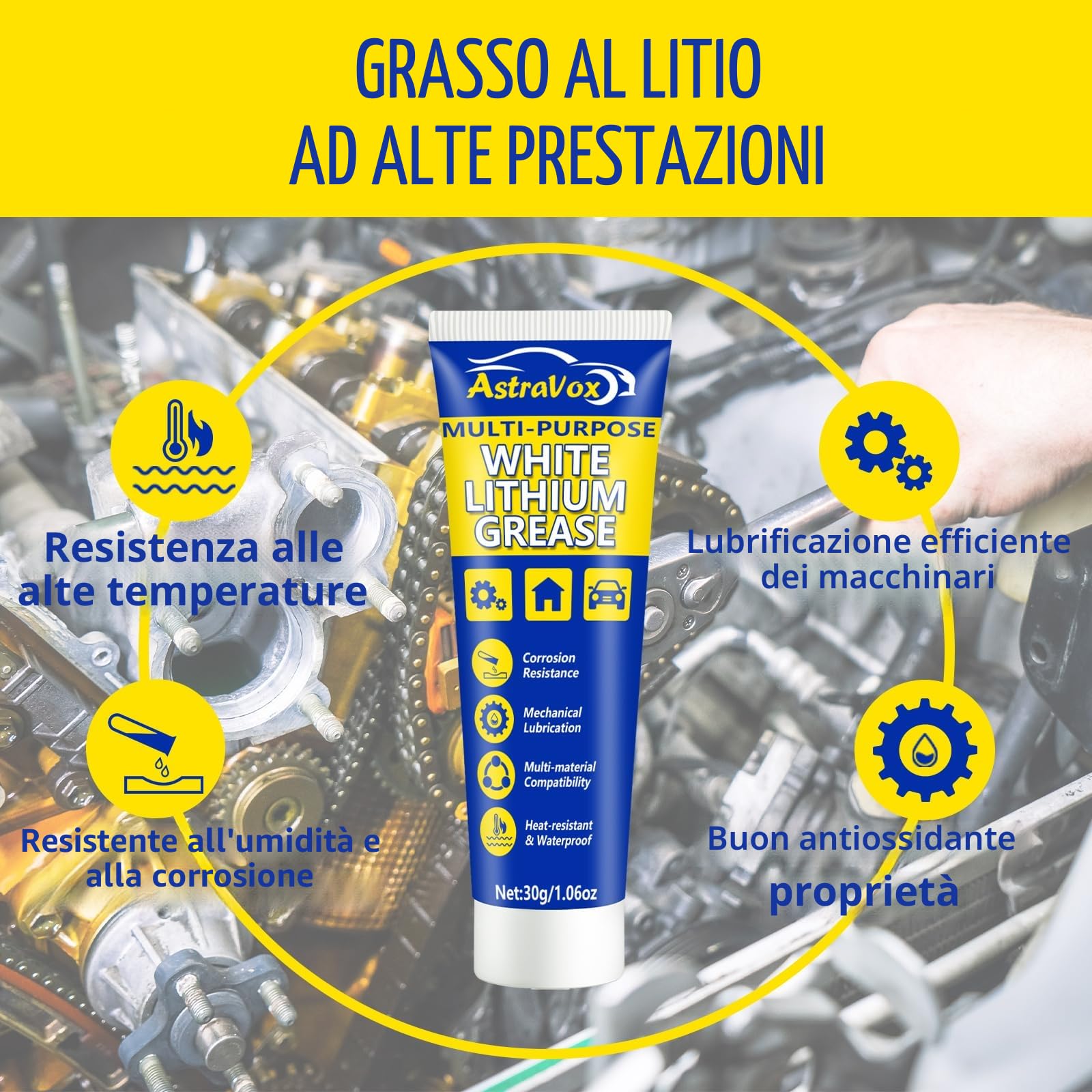 AstraVox Grasso al litio bianco, lubrificante multiuso con pennello per cerniere, cuscinetti, ingranaggi, ideale per uso automobilistico, nautico, industriale e domestico (1.06oz) (1)