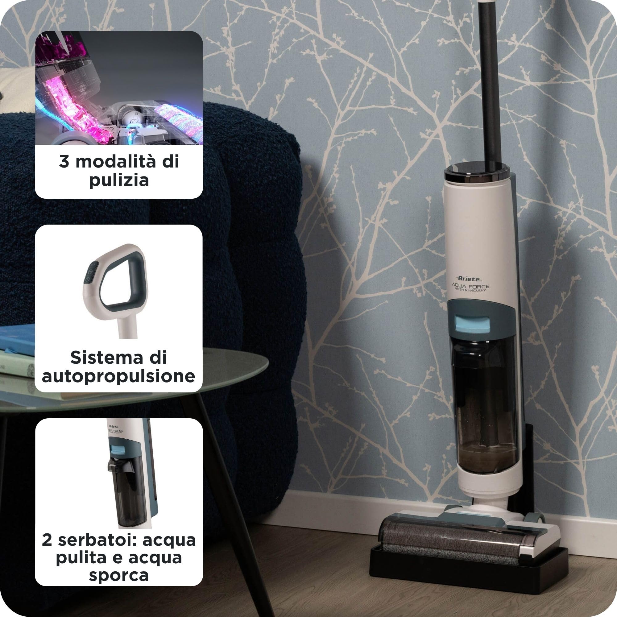 Ariete 2483 Aqua Force Wash & Vacuum, Aspirapolvere Intelligente, Lavapavimenti cordless, Senza fili, Aspira e lava, Peli animali, Sporco liquido e secco, Capacità 700ml, Accessori inclusi