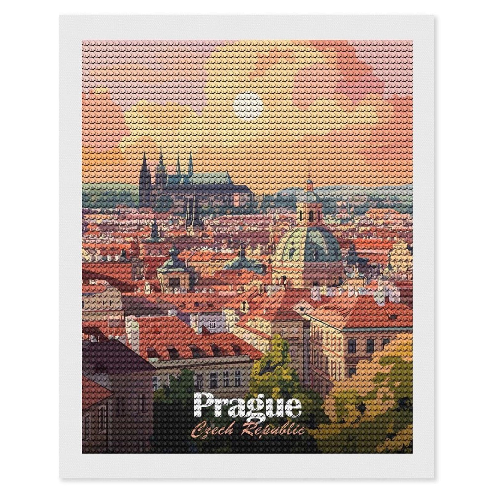 Junmoney Prague Cityscape Sunset Diamond Painting Canvas Set 16"x20", for Beginners, Complete Accessories, Christmas Gift, Modern Decor