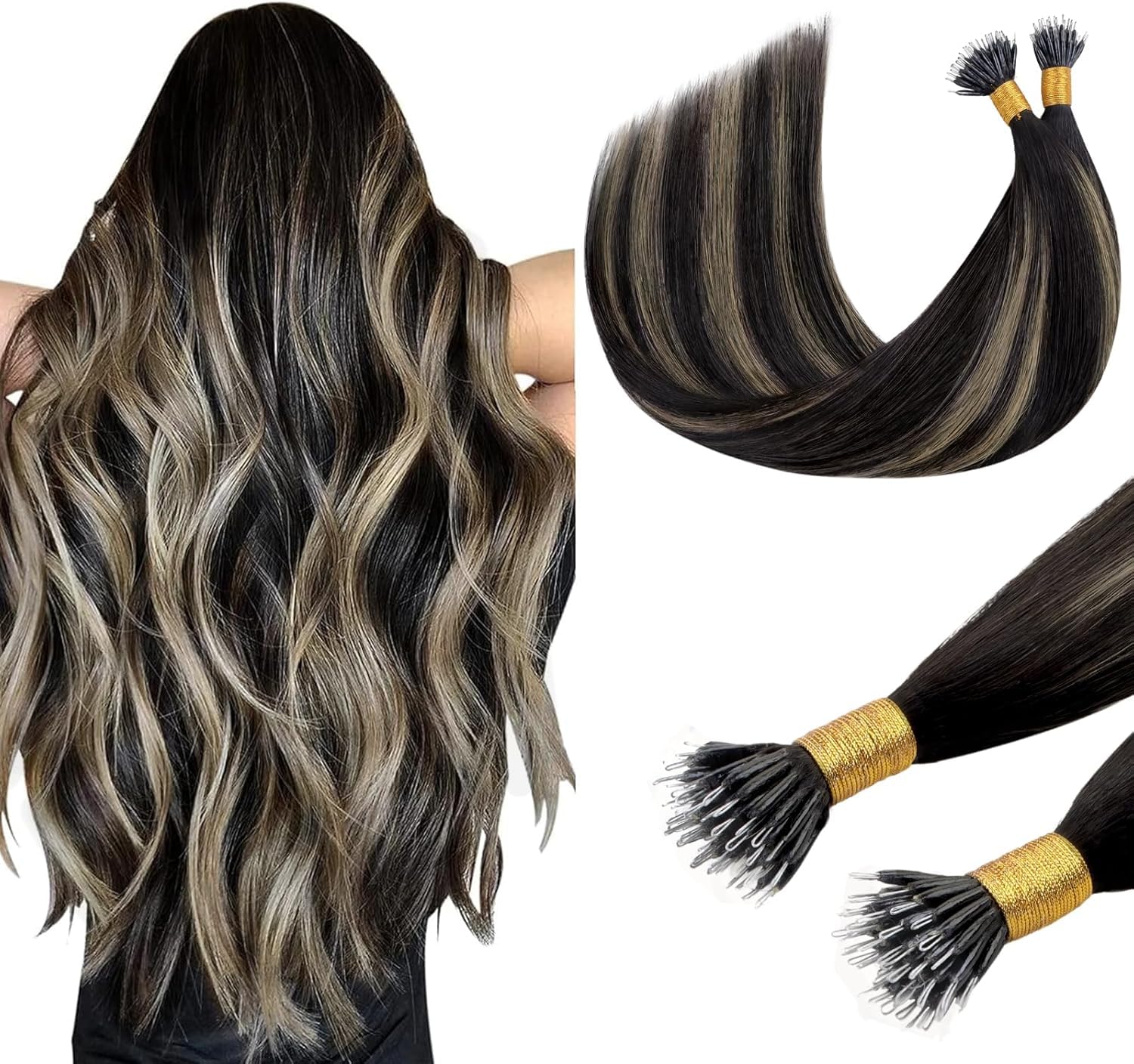 DOORES Nano Ring Hair Extensions, 18 Inch 100g 100s Natural Black to Light Blonde, Remy Human Nano Beads Hair Extenisons Full Head