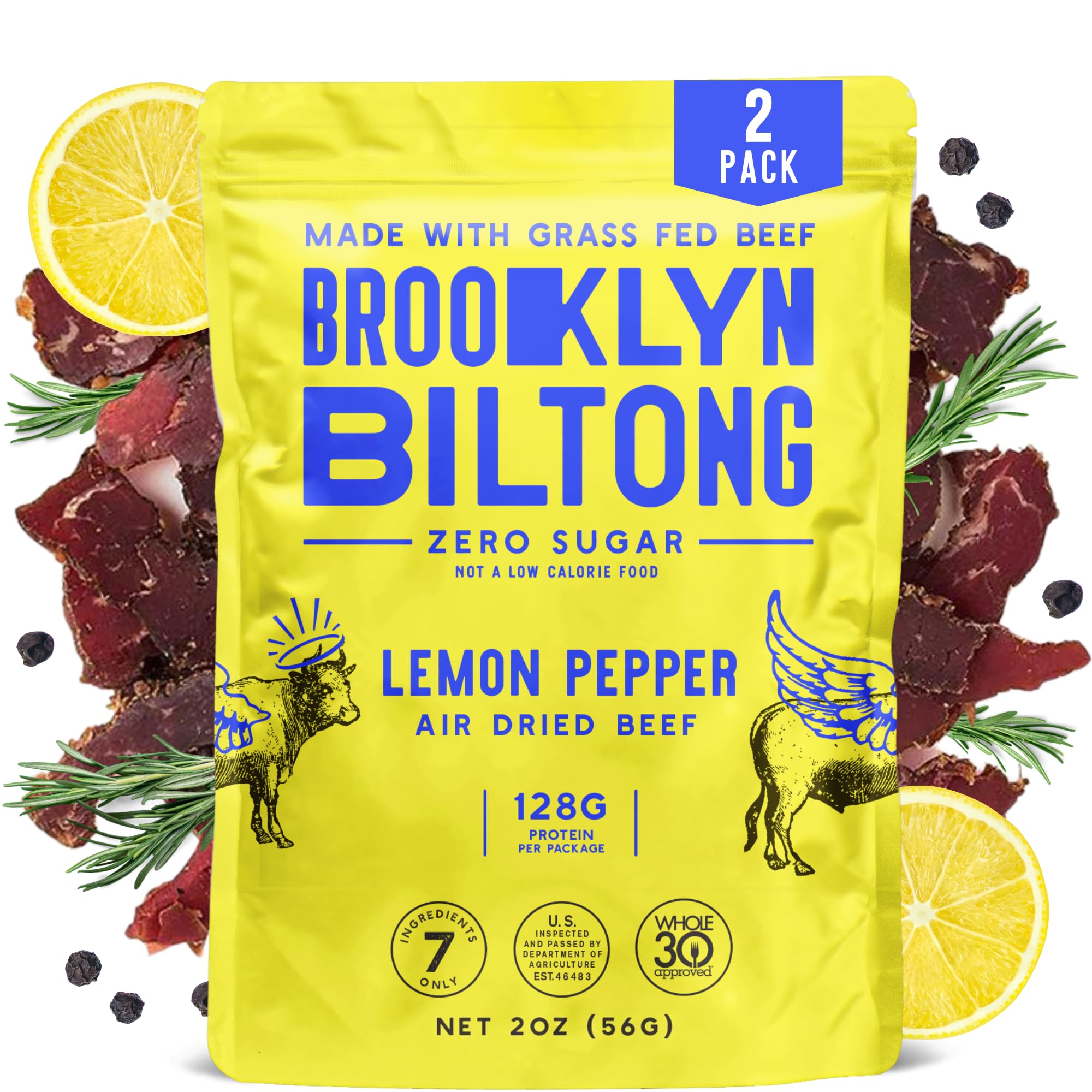 Brooklyn Biltong Air Dried Grass Fed Beef Snack, South African Beef Jerky (2 oz, Pack of 2) - Whole30 Approved, Paleo, Keto, Gluten Free, Sugar Free, Made in USA - (Lemon Pepper)