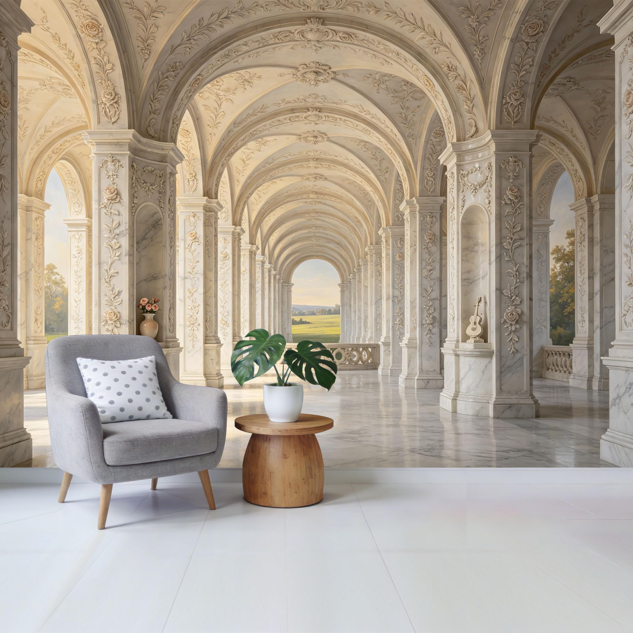 Removable Self Adhesive Fabric Mural， Neoclassical Marble Archway Corridor Custom Size Wall Covering， UV Protected Waterproof Washable Wall Decor for Living Room Bedroom Bathroom