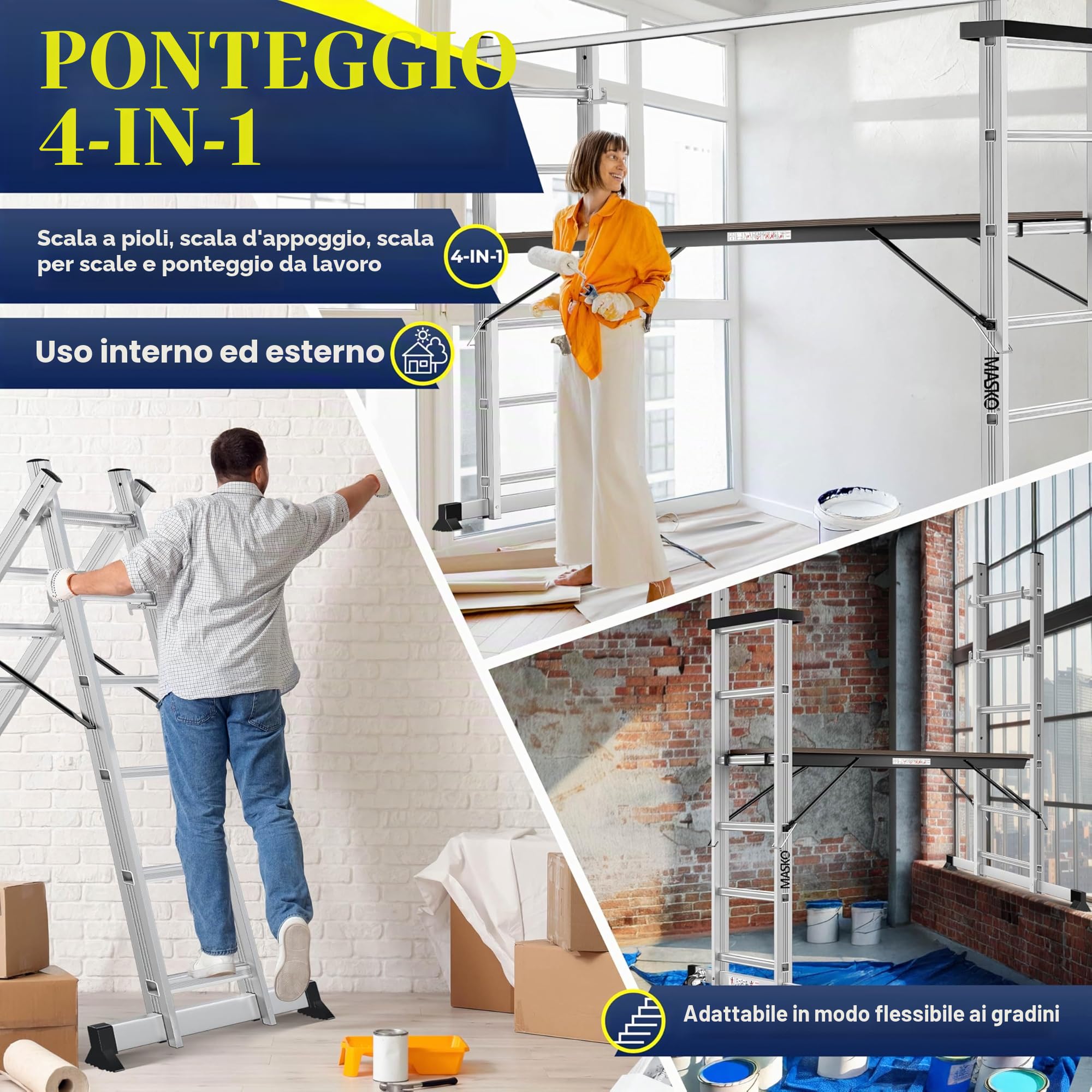 Masko® Ponteggi Telaio in alluminio Struttura Scala da ponteggio, Piattaforma lavoro | Caricabile fino a 150 KG | Rivestimento antiscivolo | | Testato GS (EN 131)