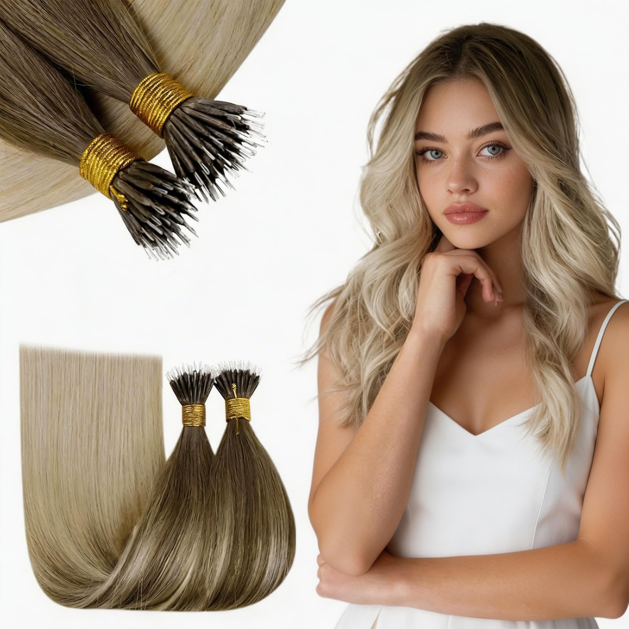 RUNATURE 18 Inch Nano Hair Extensions Real Human Hair Black Balayage Brown Nano Beads Hair Extensions Real Human Hair Ombre Blonde Invisible Straight Remy Nano Rings Hair 50g 50s #1b/4/27 — view 22