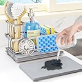 HapiRm Sink Caddy Sponge Holder - Kitchen Sink Organizer with Instant Drying Stone and Brush Holder, Stainless Steel Sponge Caddy for Kitchen Countertop - Silver